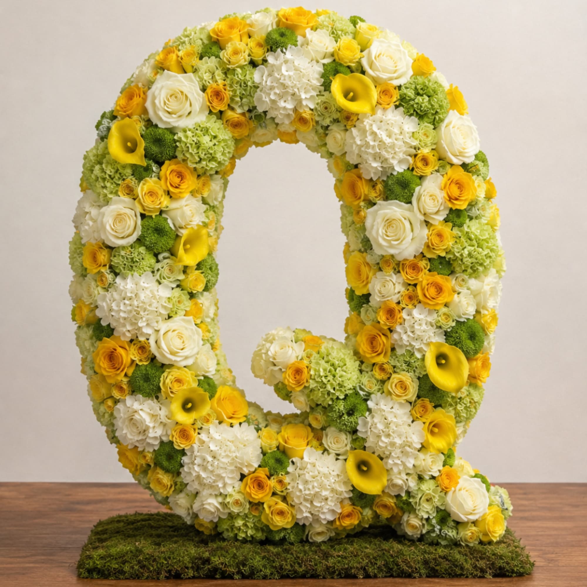 Large floral letter Q made of yellow, white, and green flowers