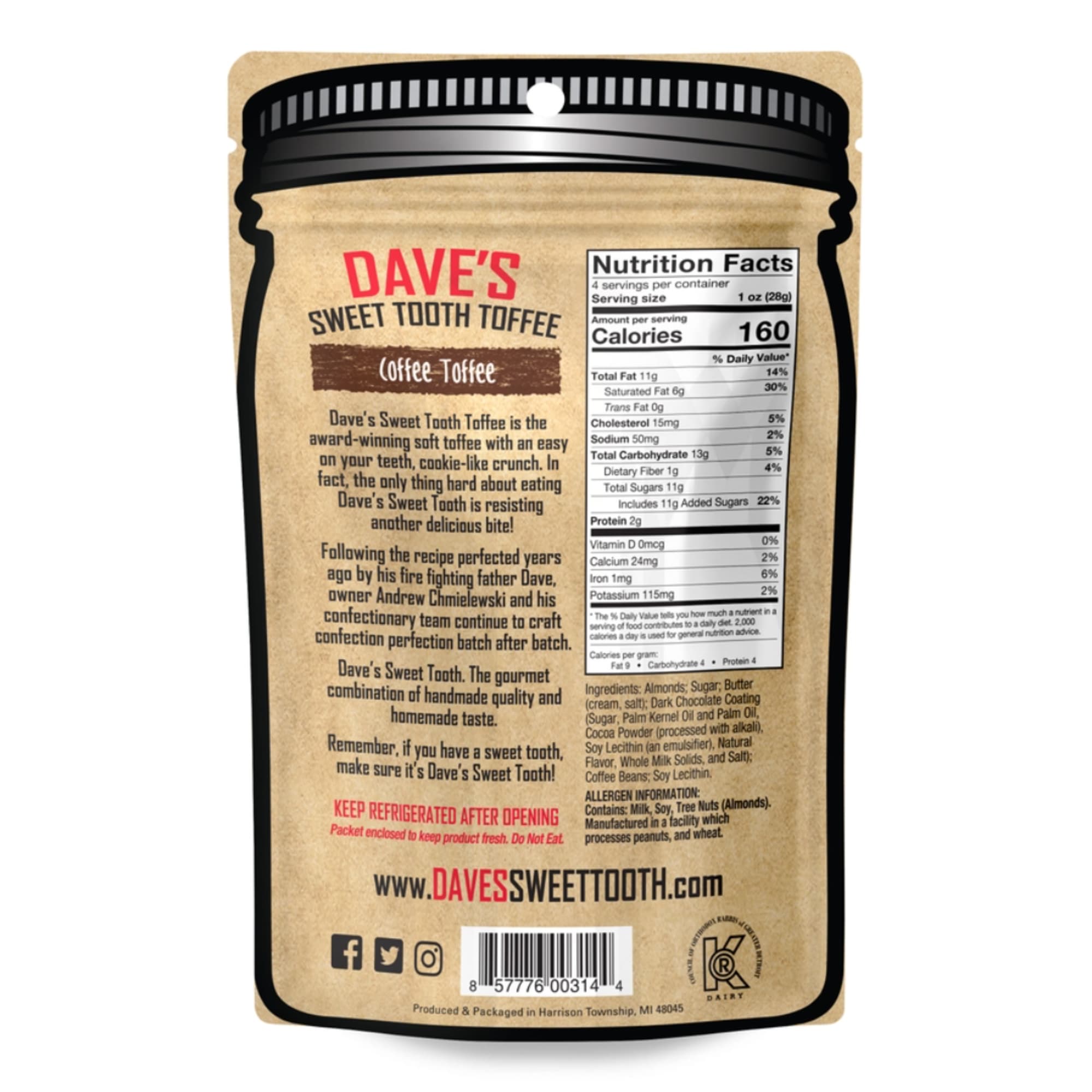 Package of Dave's Sweet Tooth Toffee coffee toffee with nutrition label