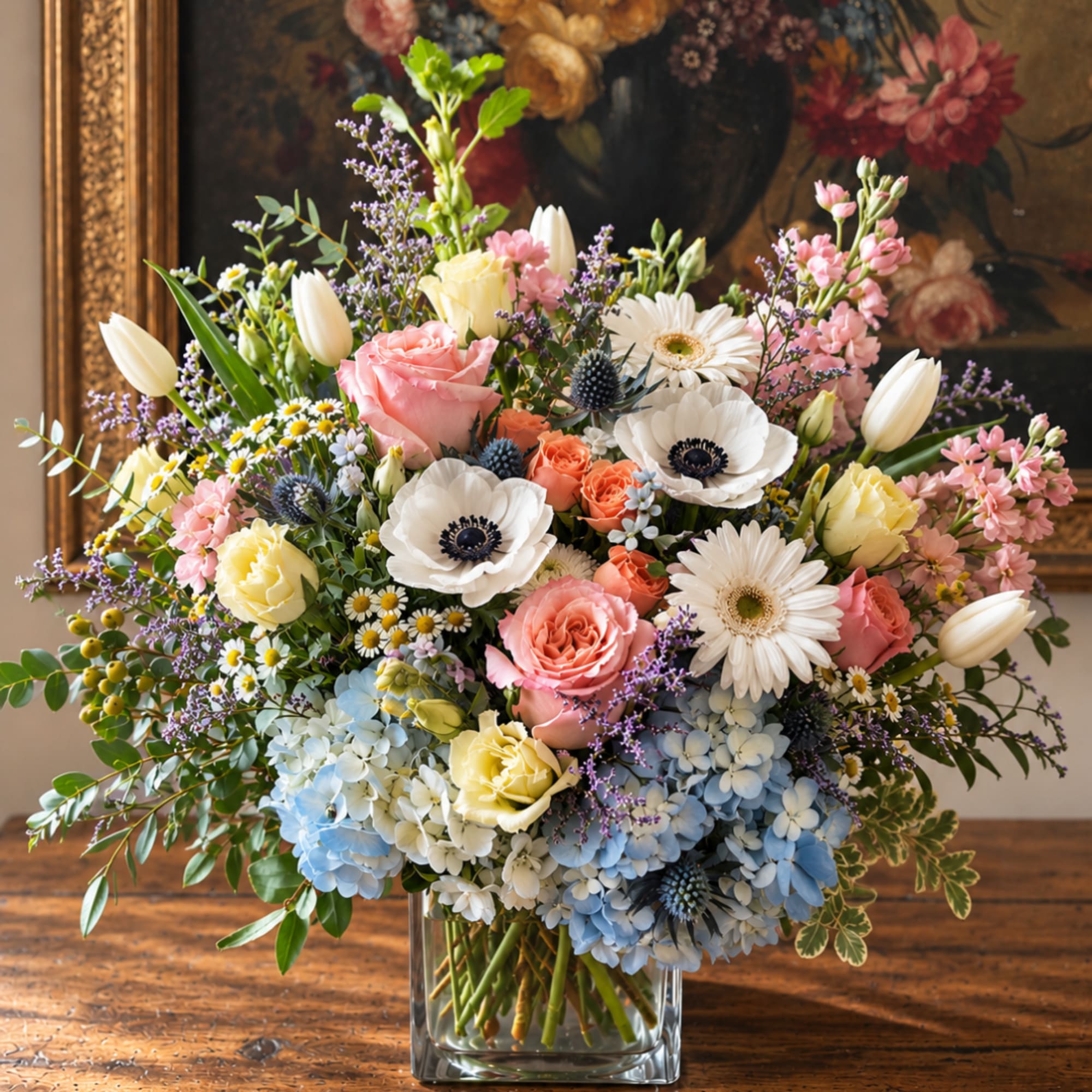 Mixed pastel bouquet in a clear square vase