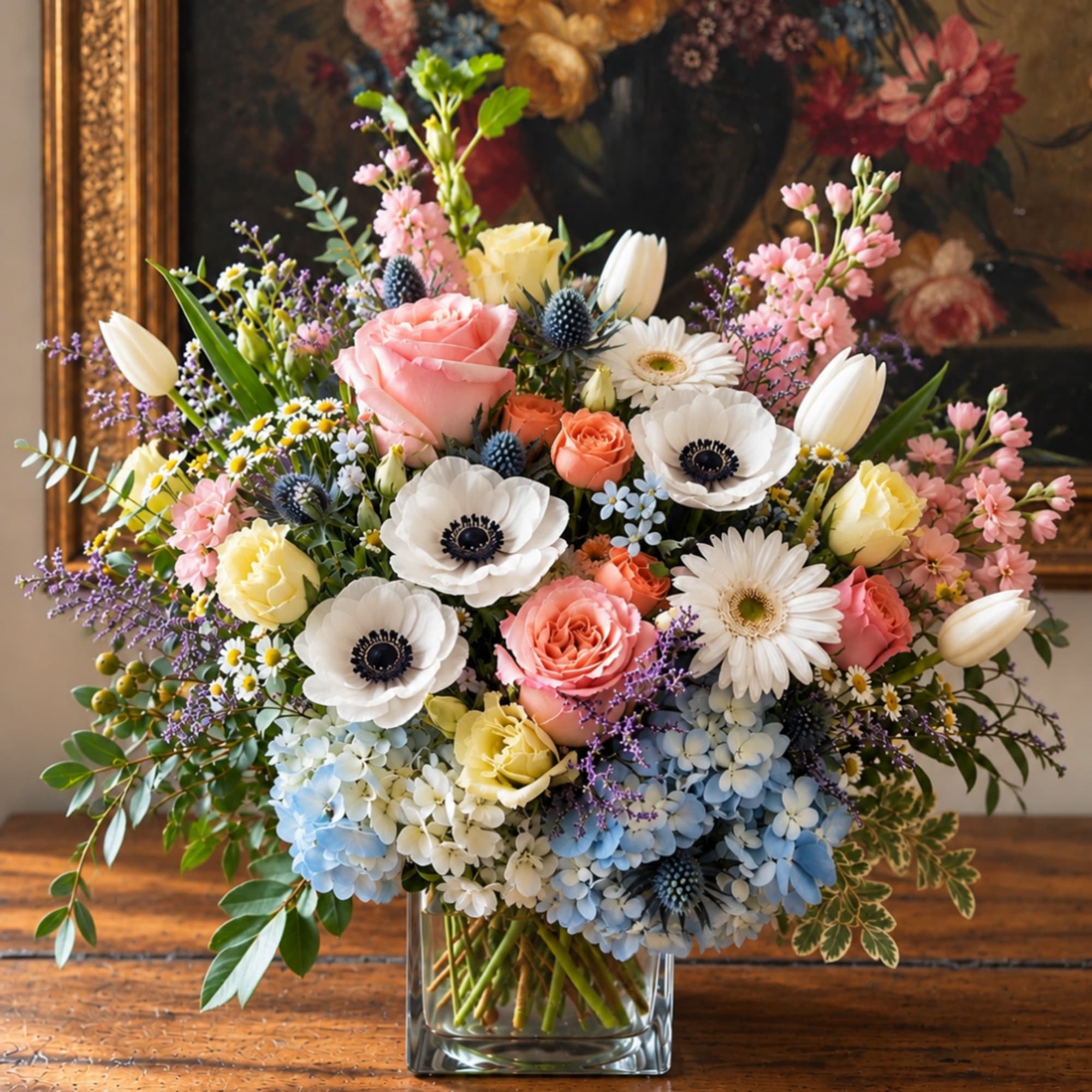 Mixed bouquet of roses, anemones, tulips, and hydrangeas in a clear vase