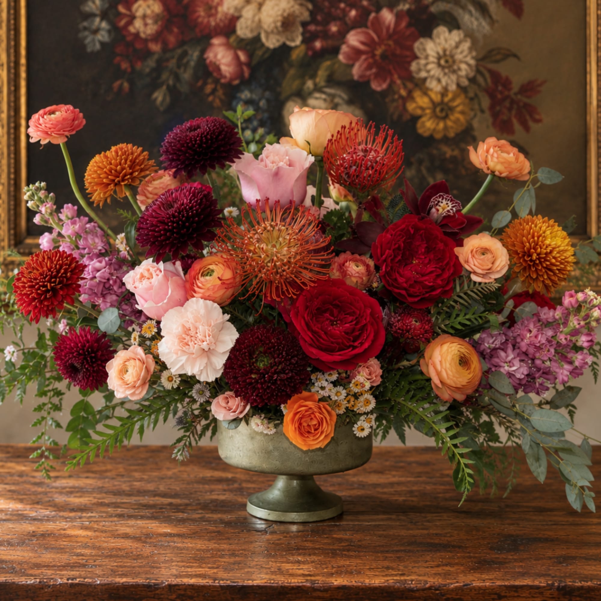 Mixed bouquet of red, peach, and pink flowers in a pedestal vase