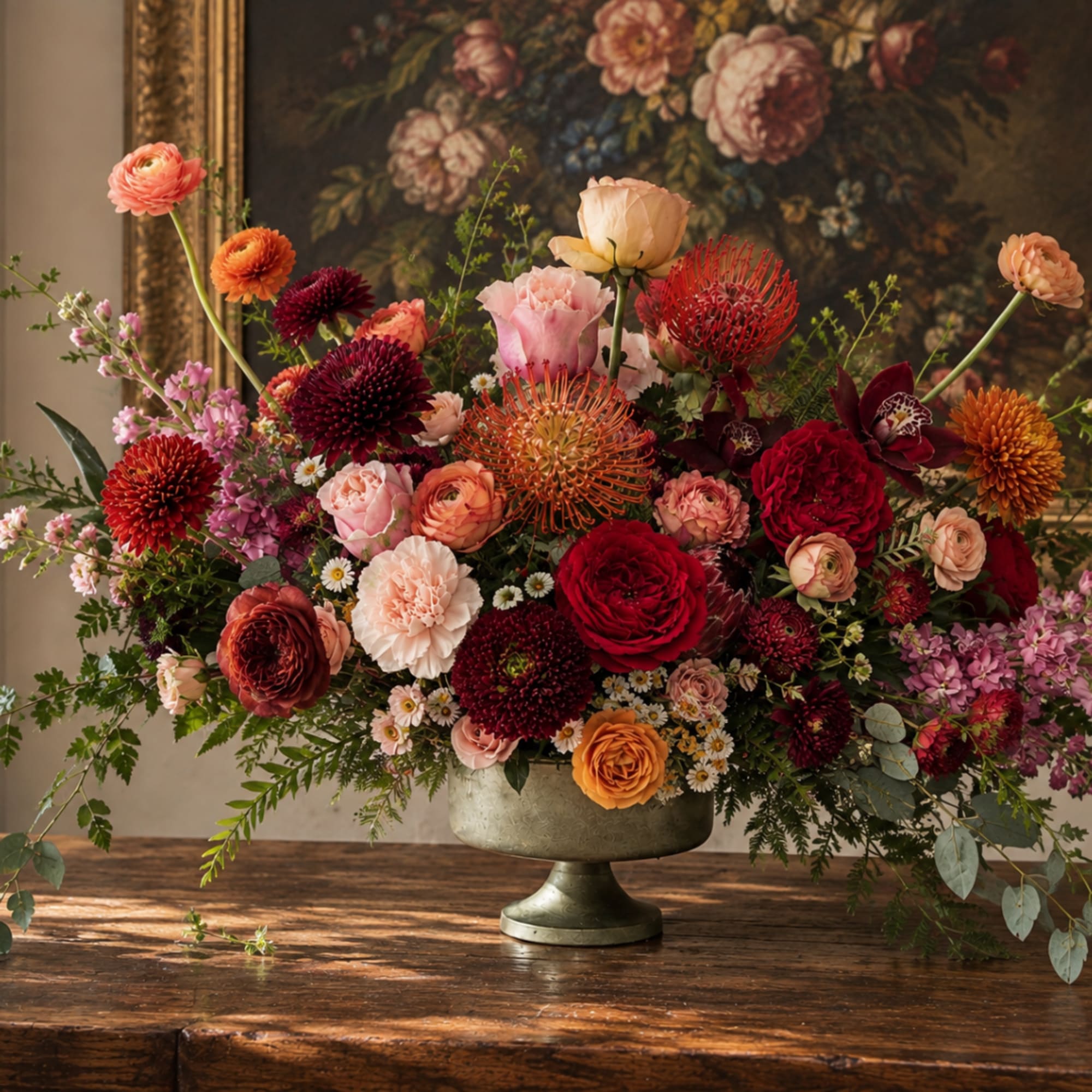 Large mixed flower arrangement in a pedestal vase