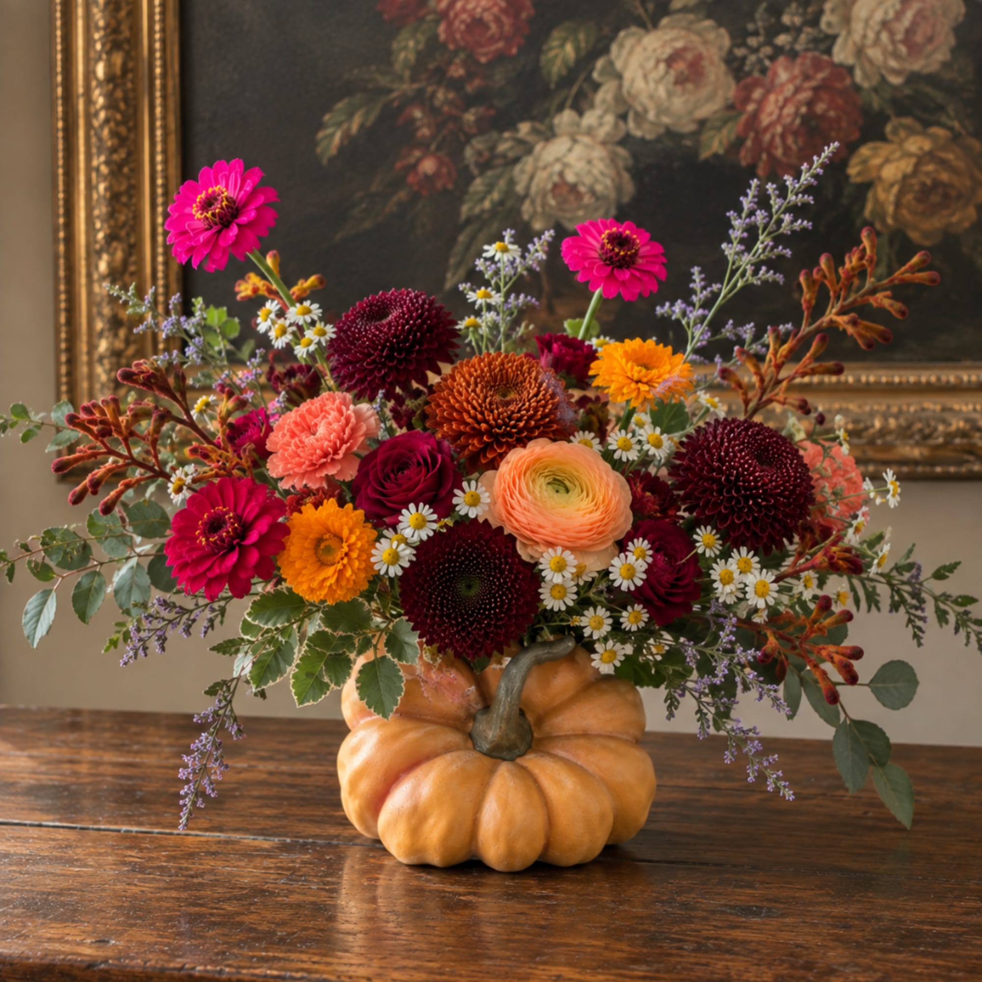 Colorful mixed bouquet in a pumpkin-shaped vase
