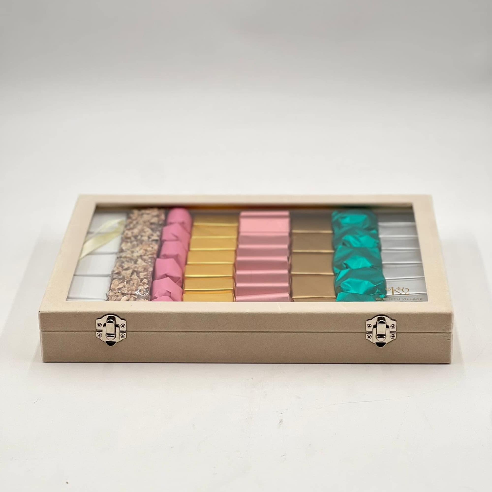 Rectangular gift box with assorted wrapped chocolates in pastel colors