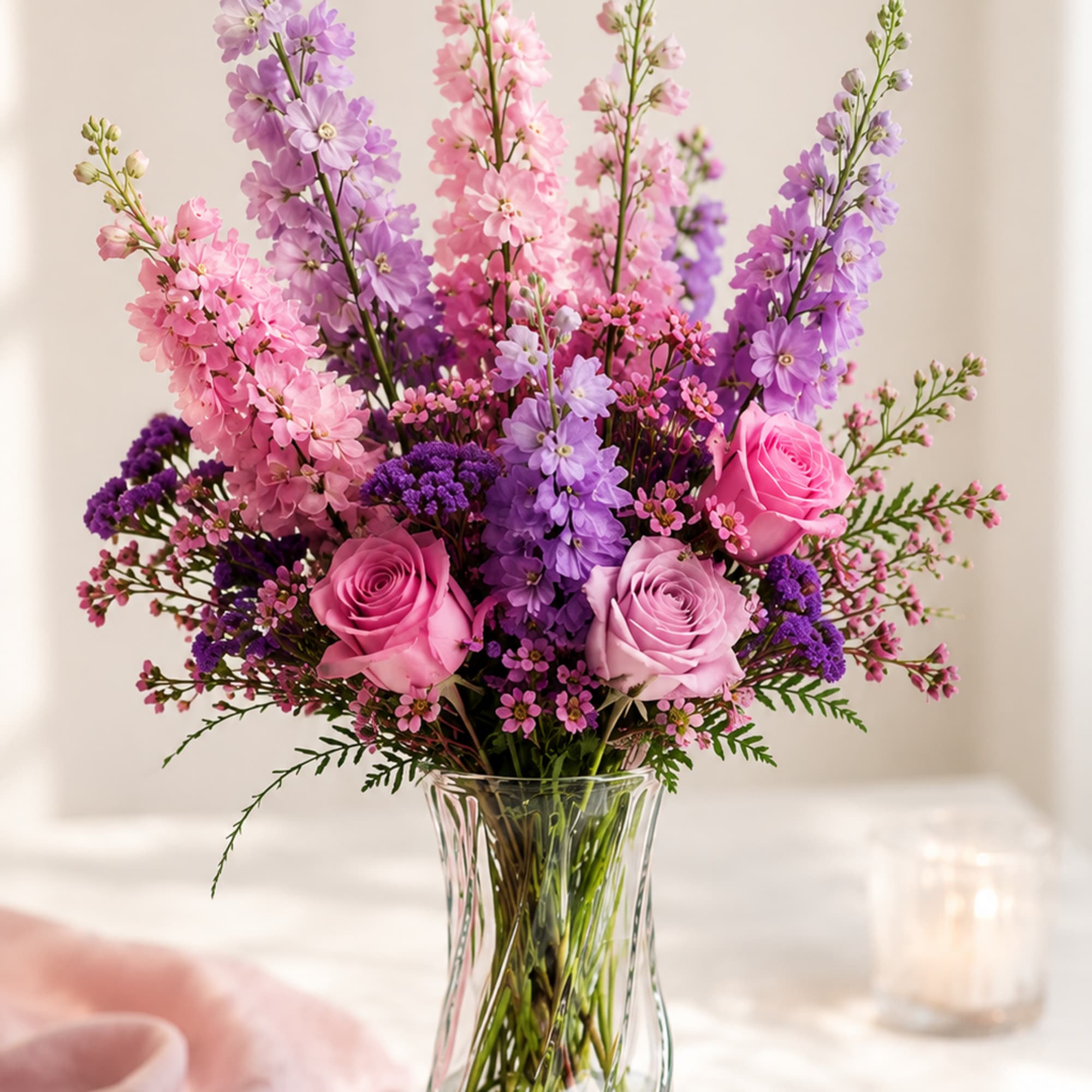Pink and purple flowers arranged in a clear glass vase