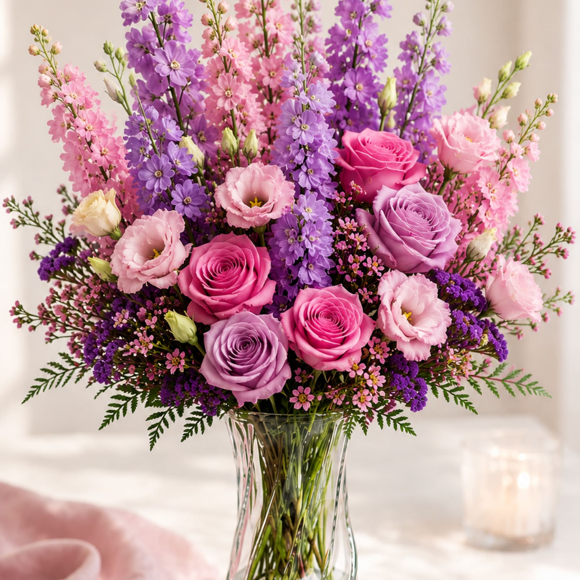 Pink and purple bouquet of roses and spray flowers in a clear glass vase