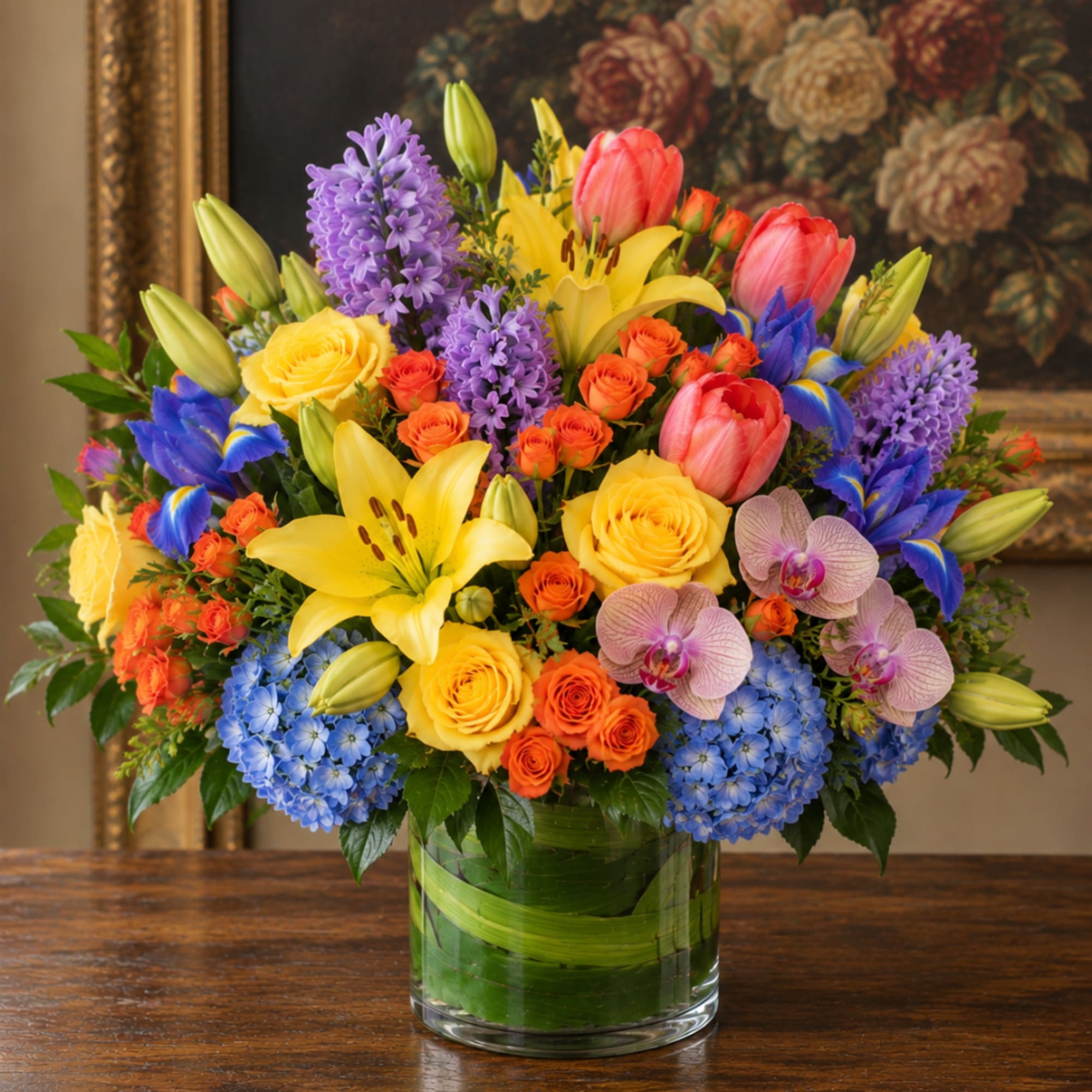 Colorful bouquet of lilies, roses, orchids, and hydrangeas in a glass vase