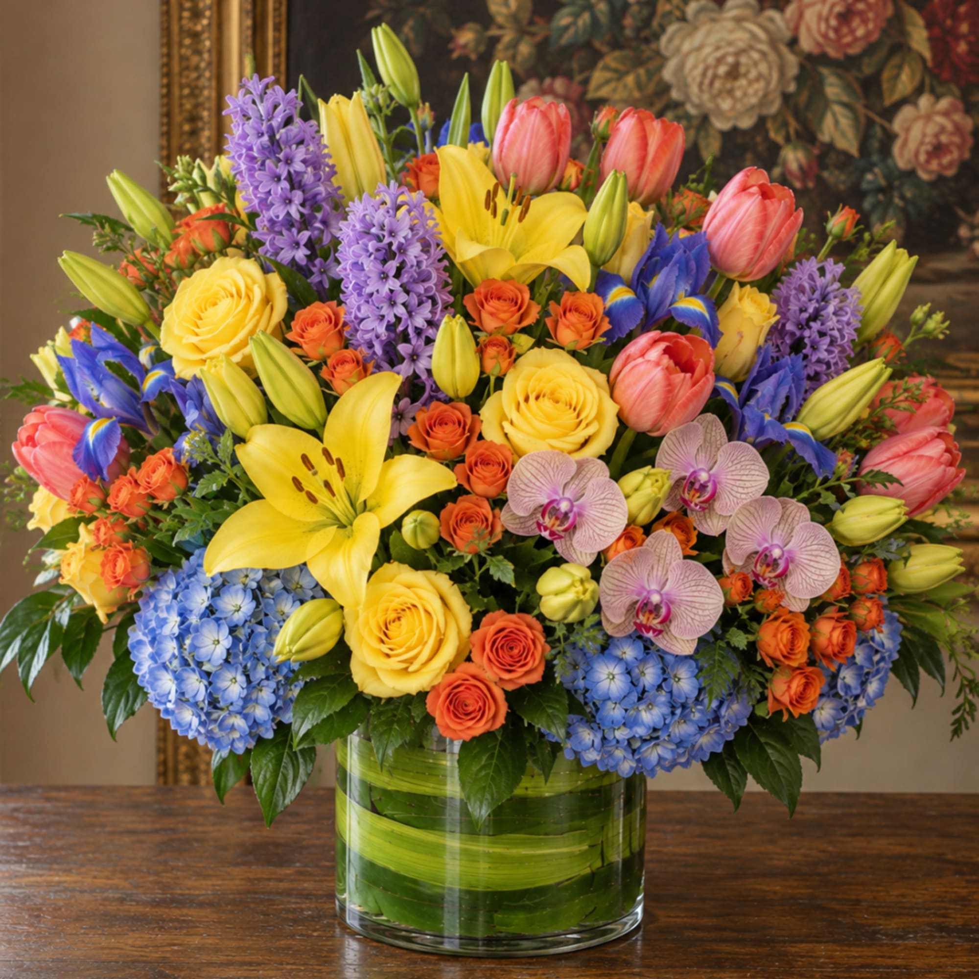 Colorful mixed bouquet in a clear glass vase with lilies, roses, orchids, and hydrangeas