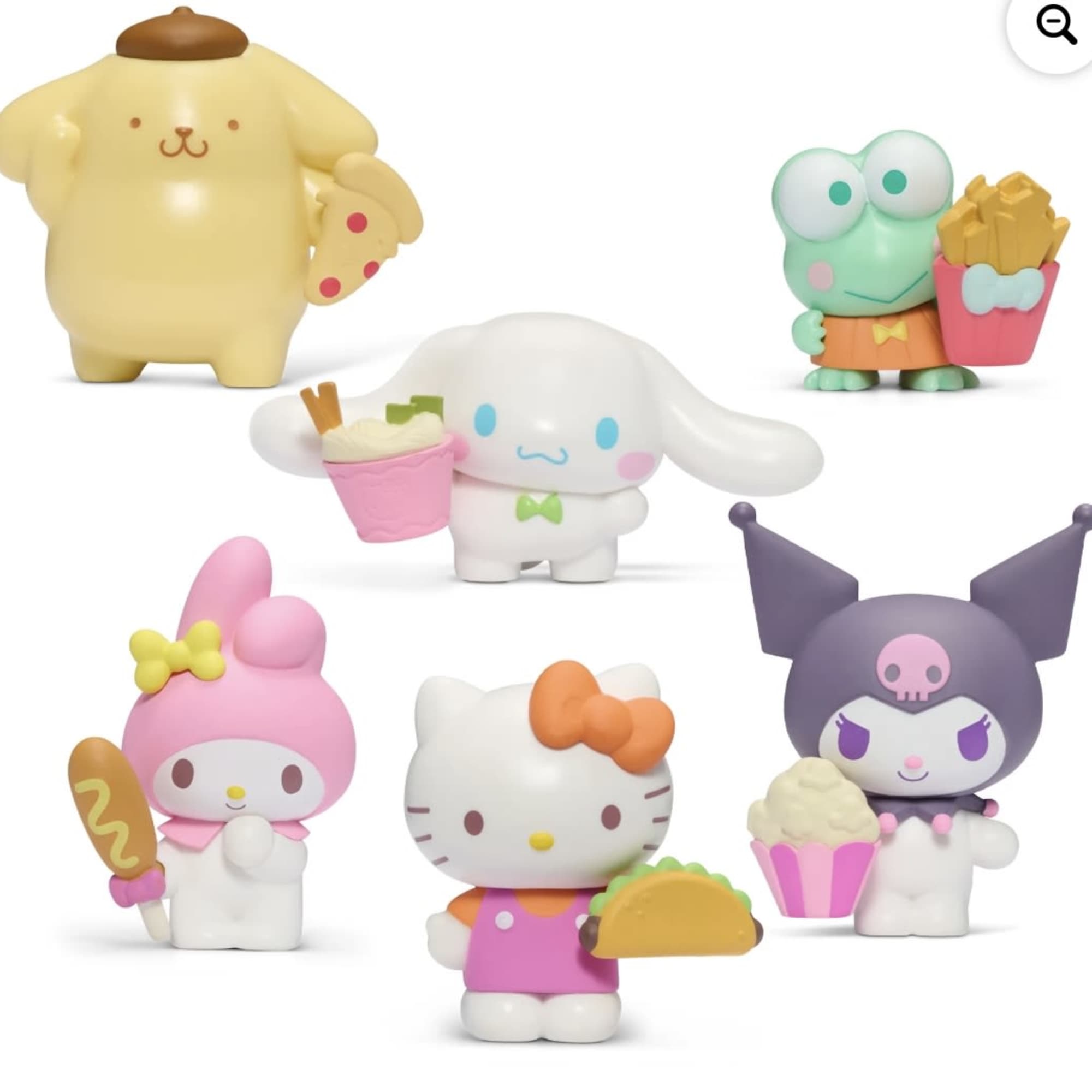 Five cartoon figurines holding snacks on a white background