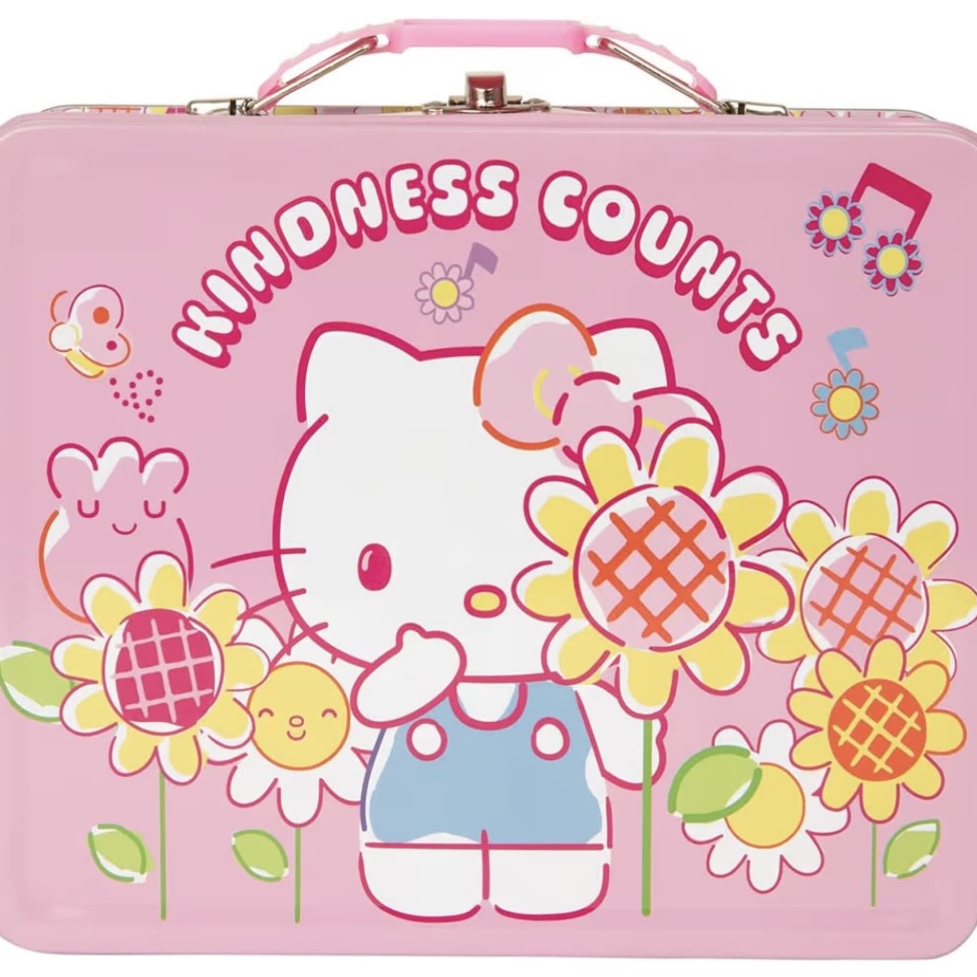 Pink Hello Kitty lunchbox with flower graphics and a handle