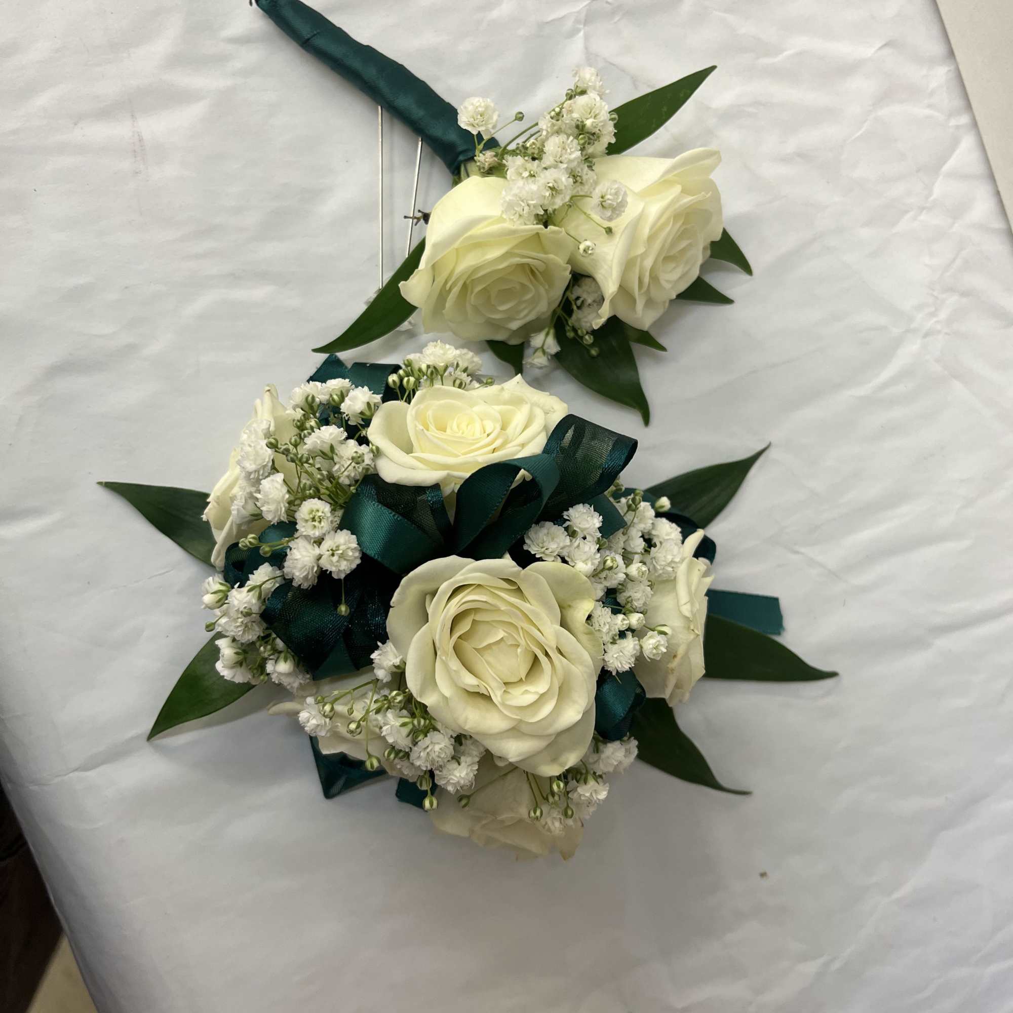 White rose corsage and boutonniere set accented with baby&rsquo;s breath for a, photo 4 of 4