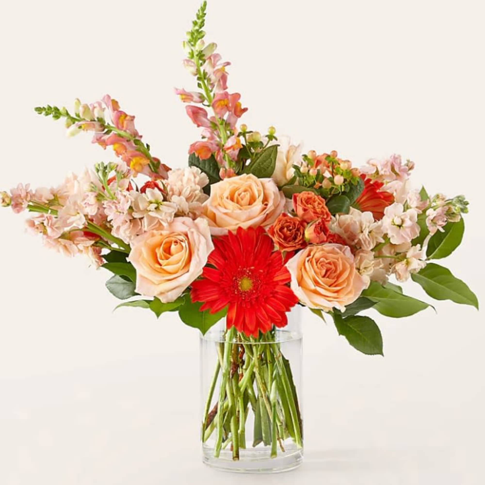 Mixed bouquet with peach roses, red gerbera daisies, and pink snapdragons in a glass vase