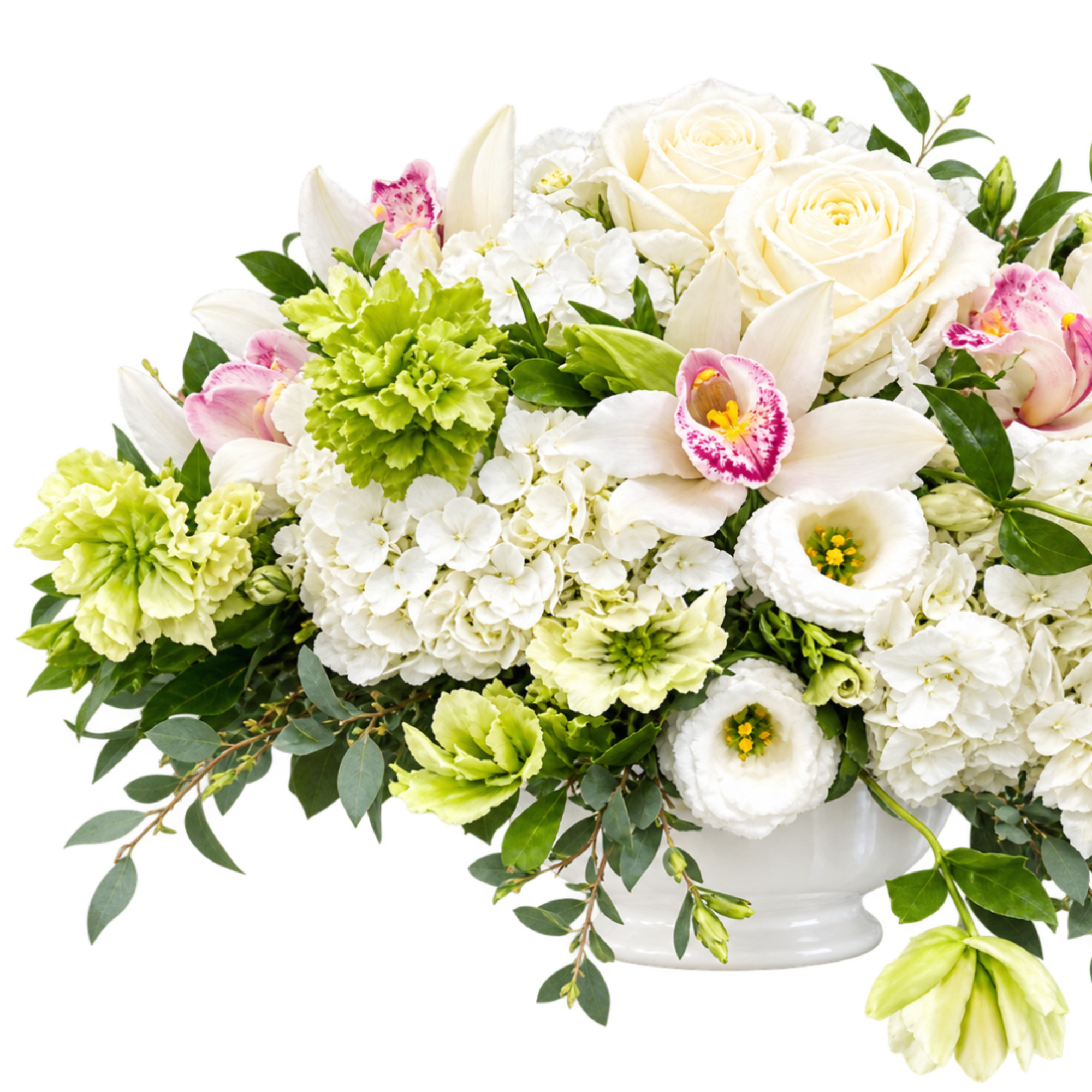 White and pale green floral arrangement in a white vase