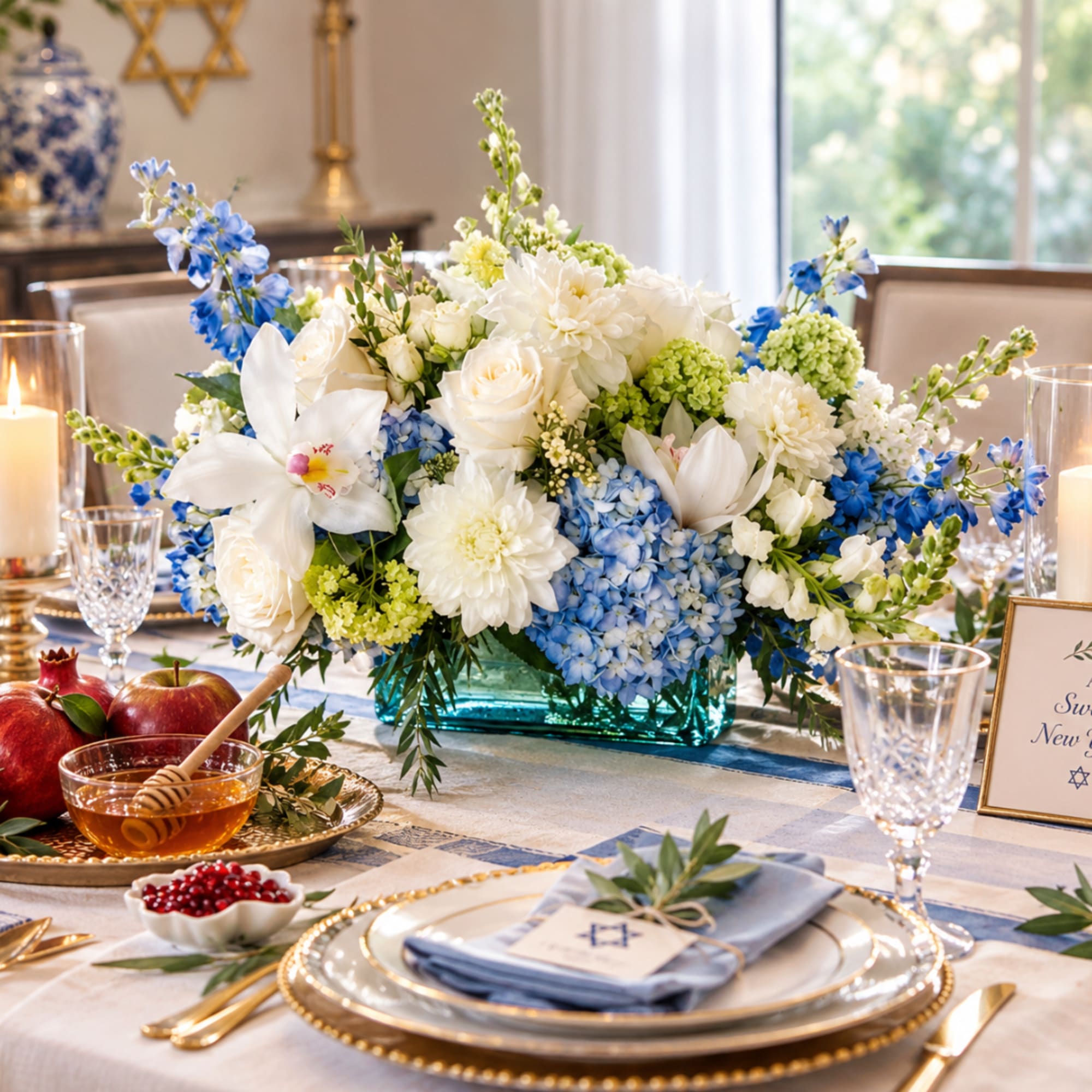 Blue and white floral centerpiece in a turquoise vase on a set table