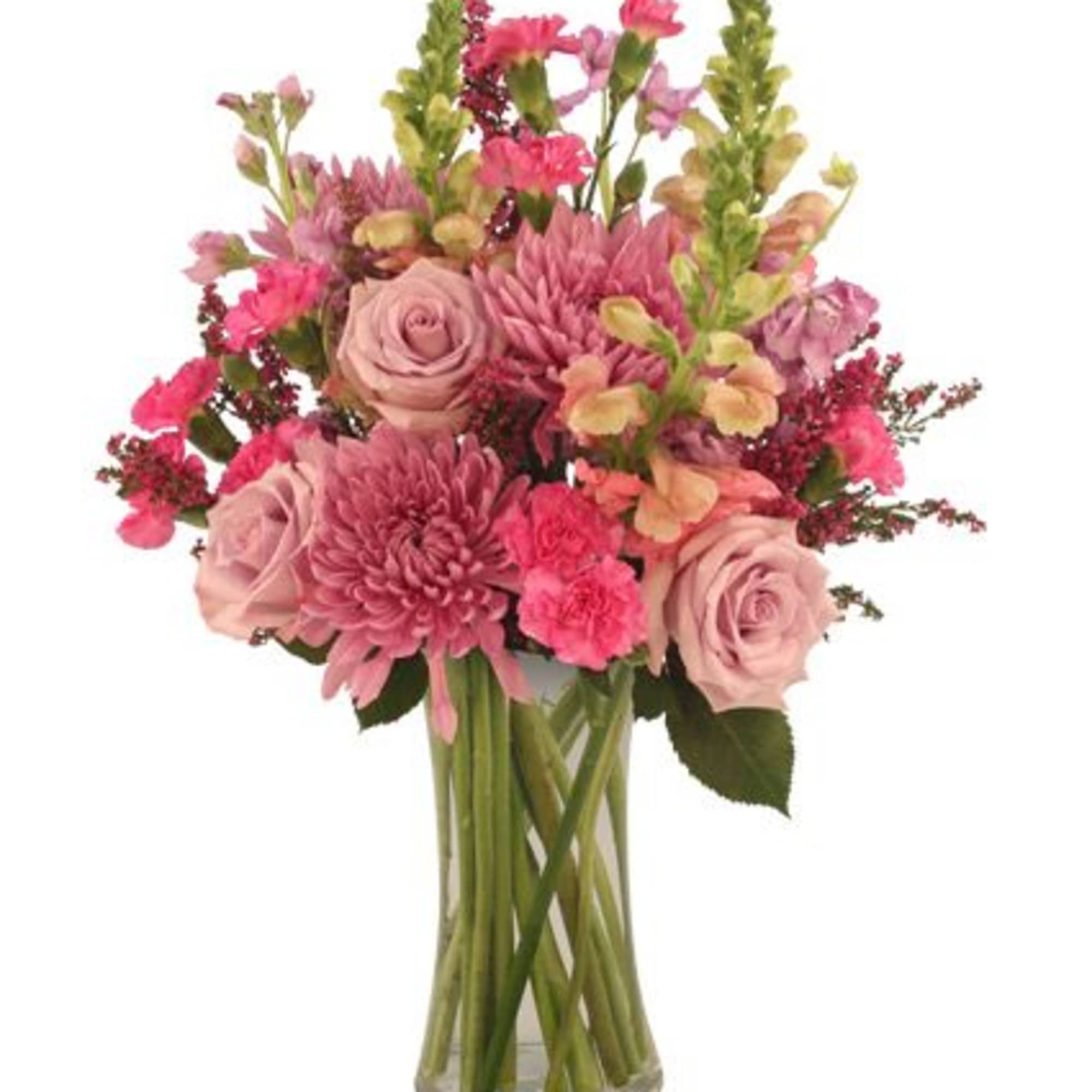 This stunning arrangement is a sweet treat! With lovely roses, mini carnations
