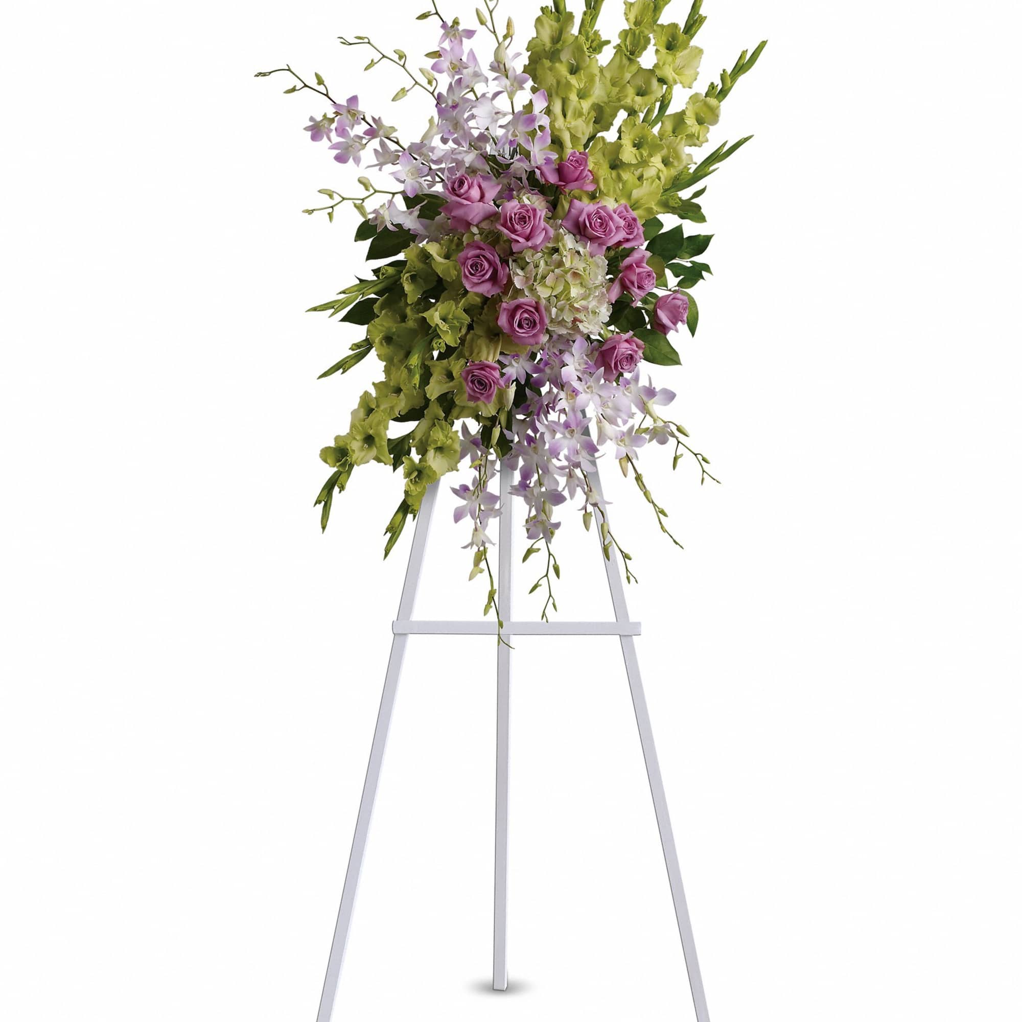 Lavender roses and green orchids on a standing easel