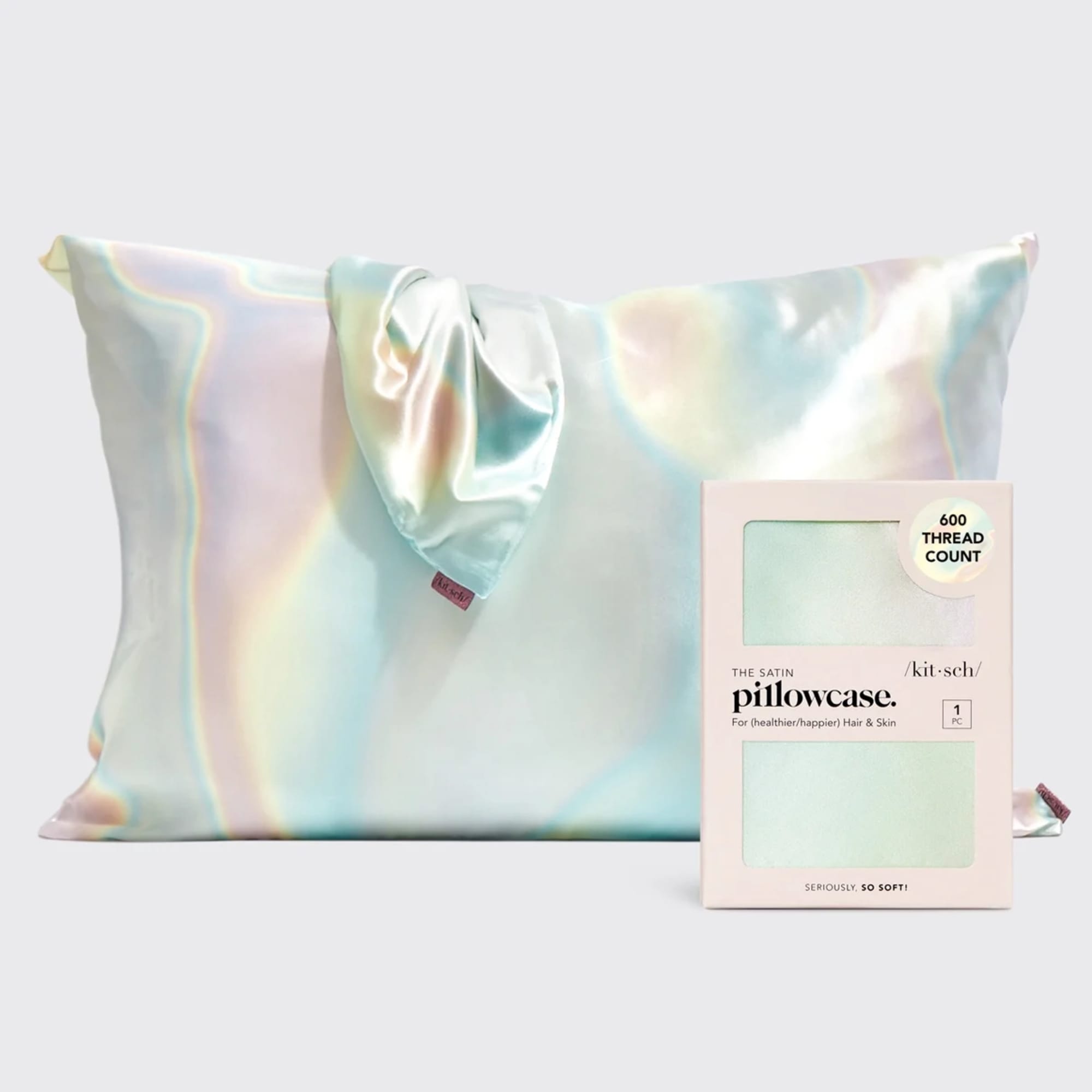 Iridescent satin pillowcase with matching packaging