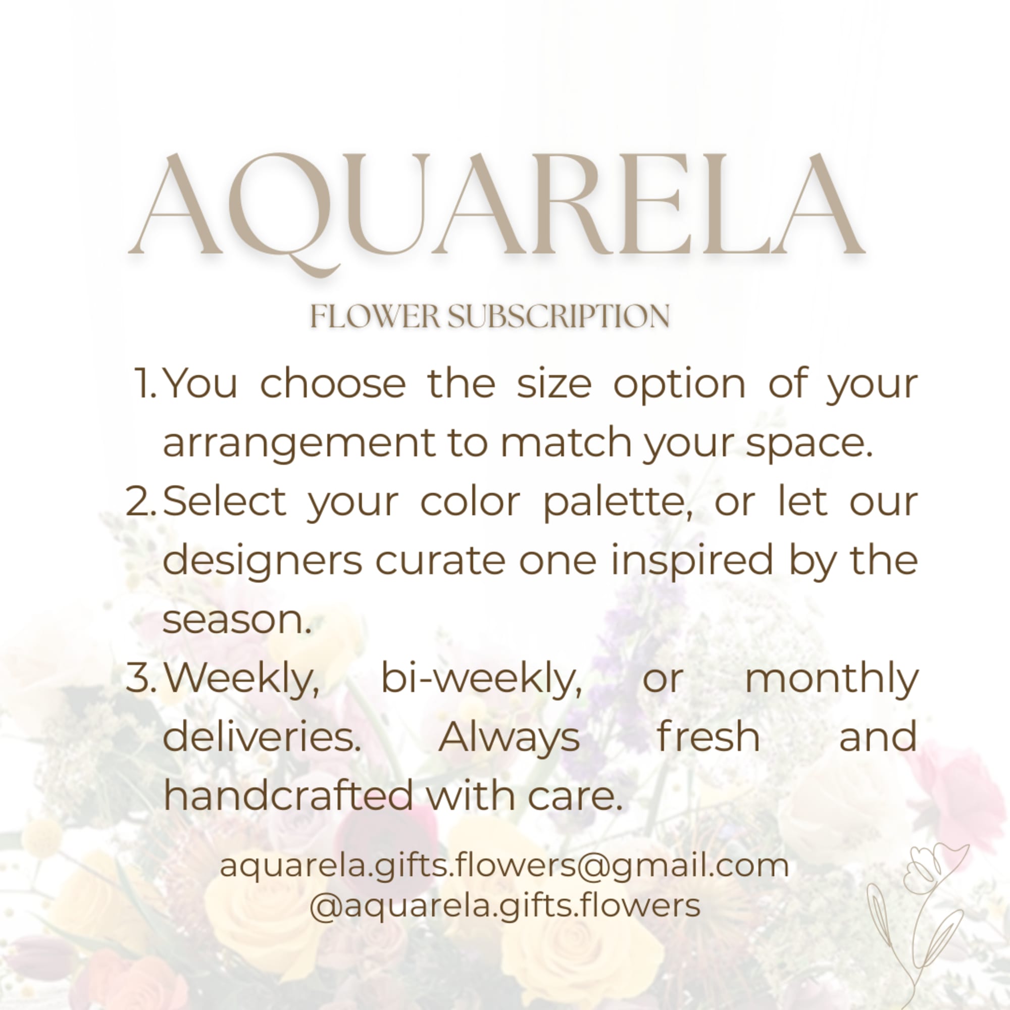 Aquarela flower subscription text over a faded floral background