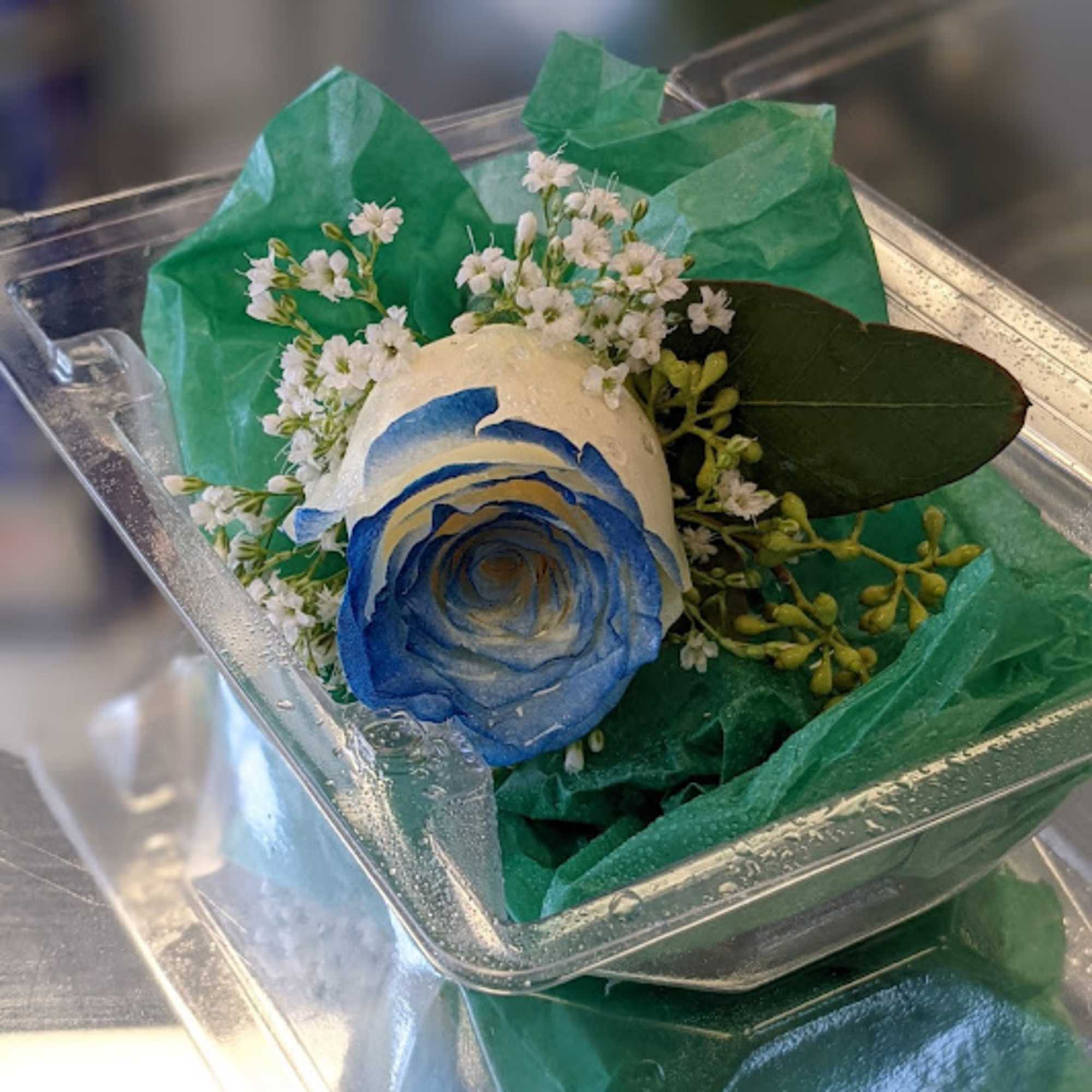 Blue-and-white rose boutonniere with small white filler flowers in a clear box