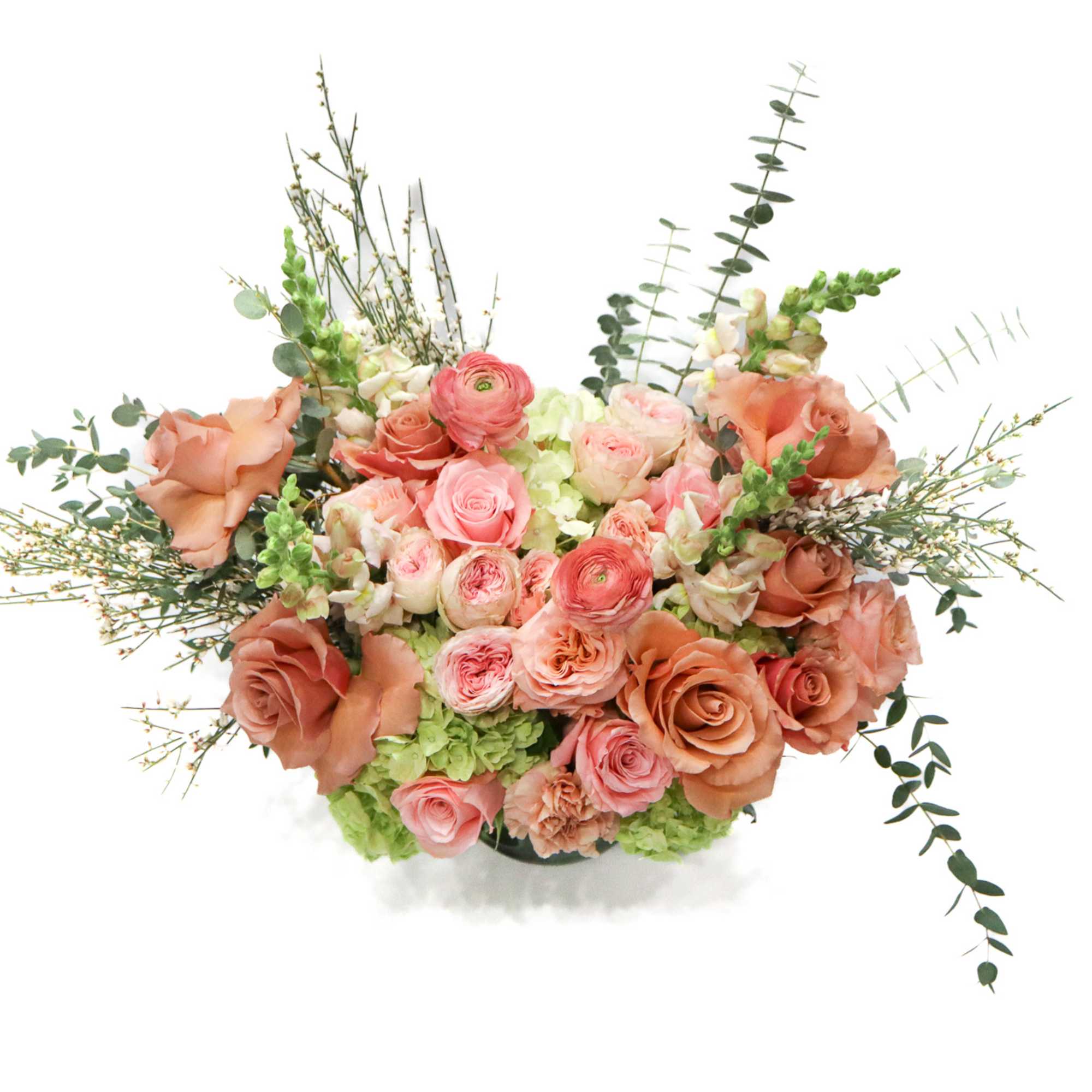 Peach and pink rose bouquet with airy greenery