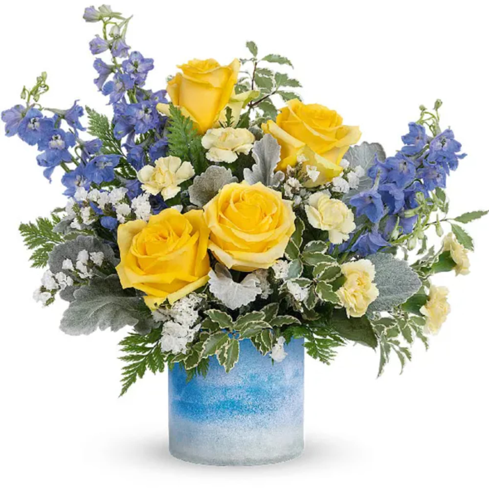Yellow roses and blue flowers in a blue glass vase