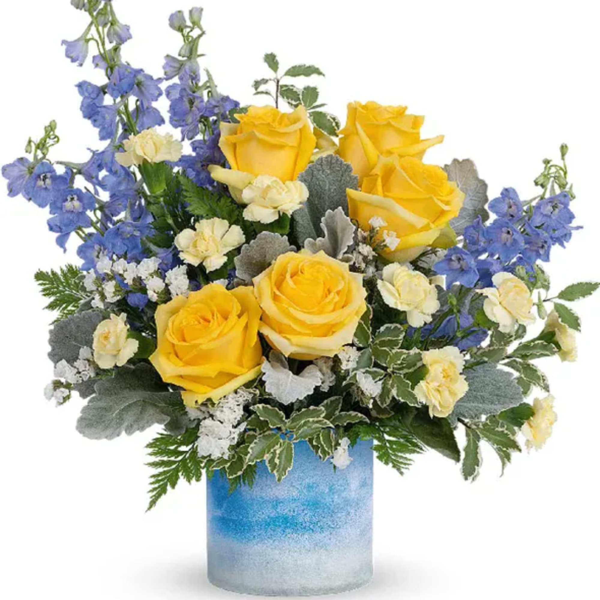 Yellow roses and blue flowers in a blue glass vase