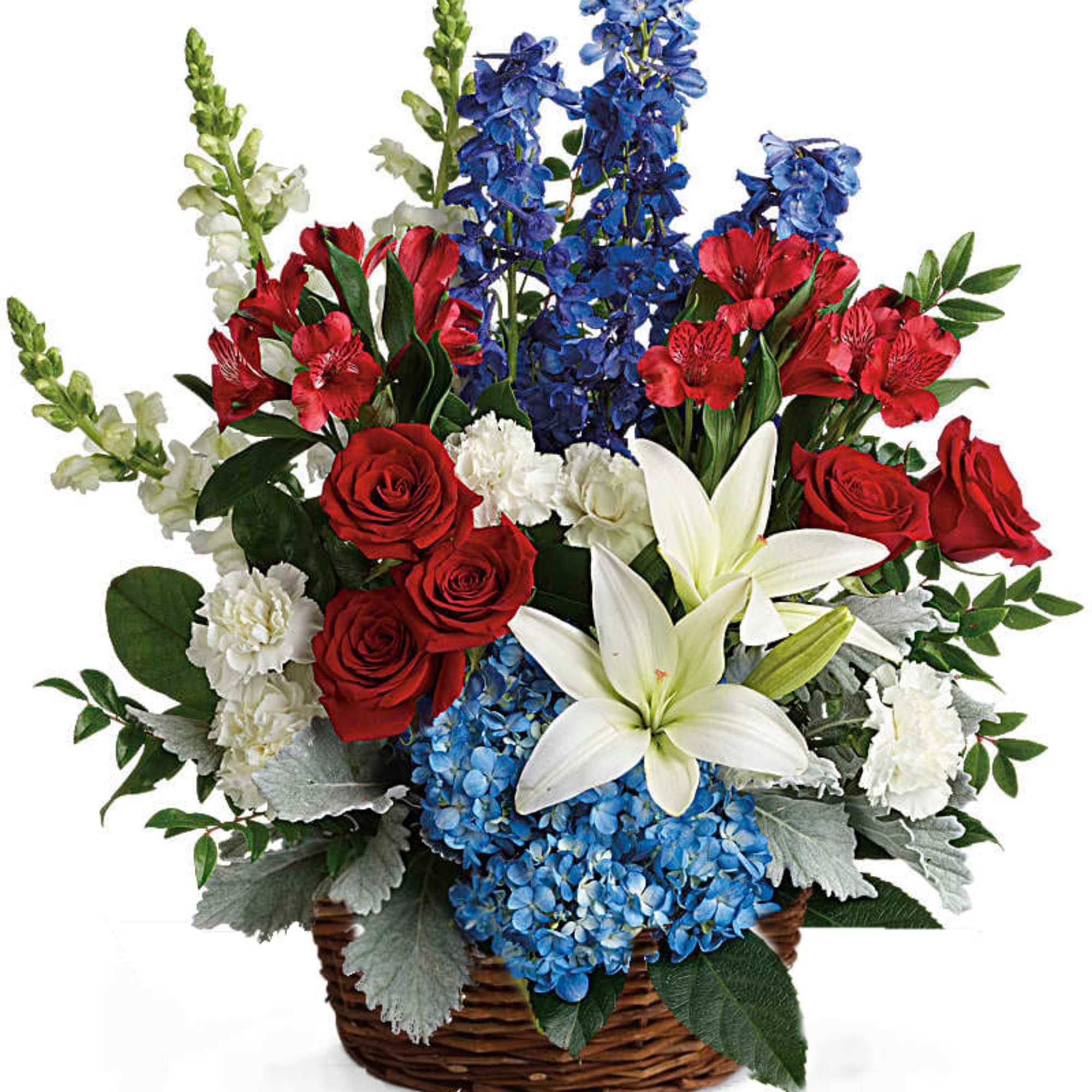 Red, white, and blue flower basket with roses, lilies, hydrangea, delphinium, and carnations