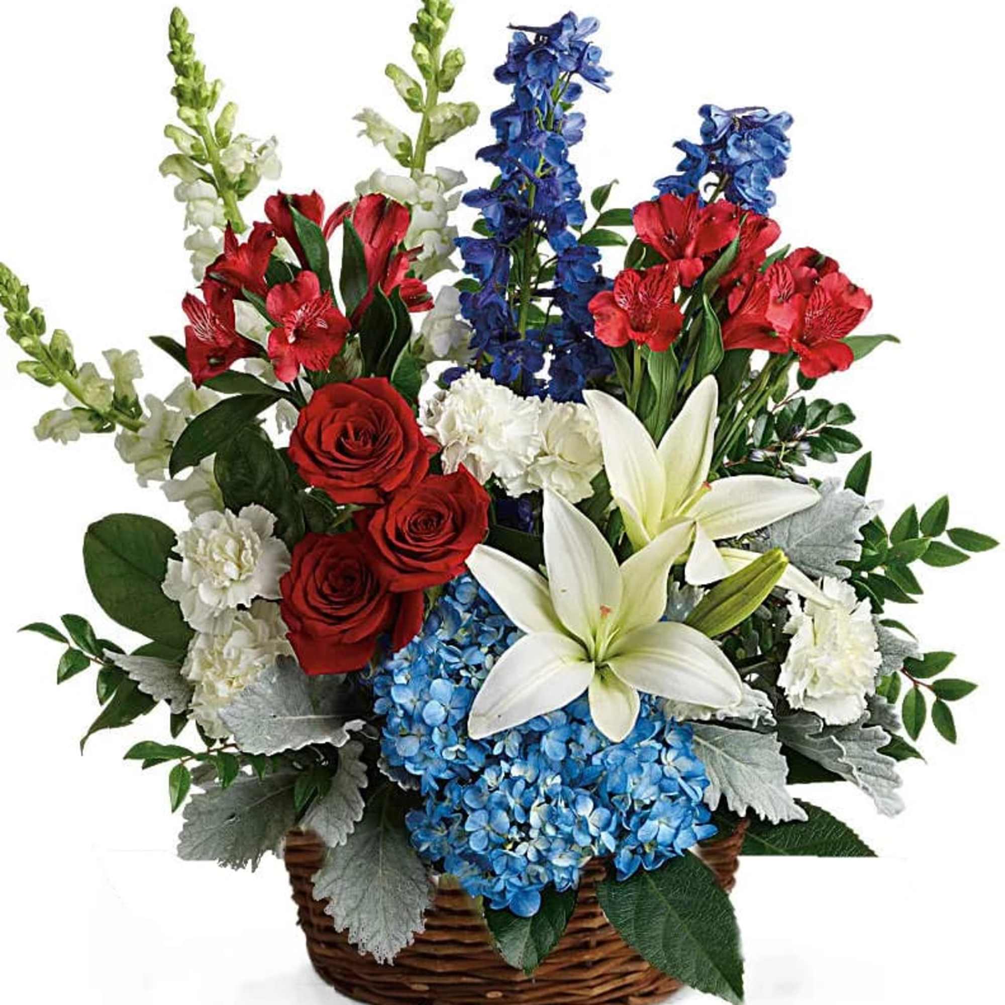 Red, white, and blue flower basket with roses, lilies, carnations, hydrangea, snapdragons, and delphinium