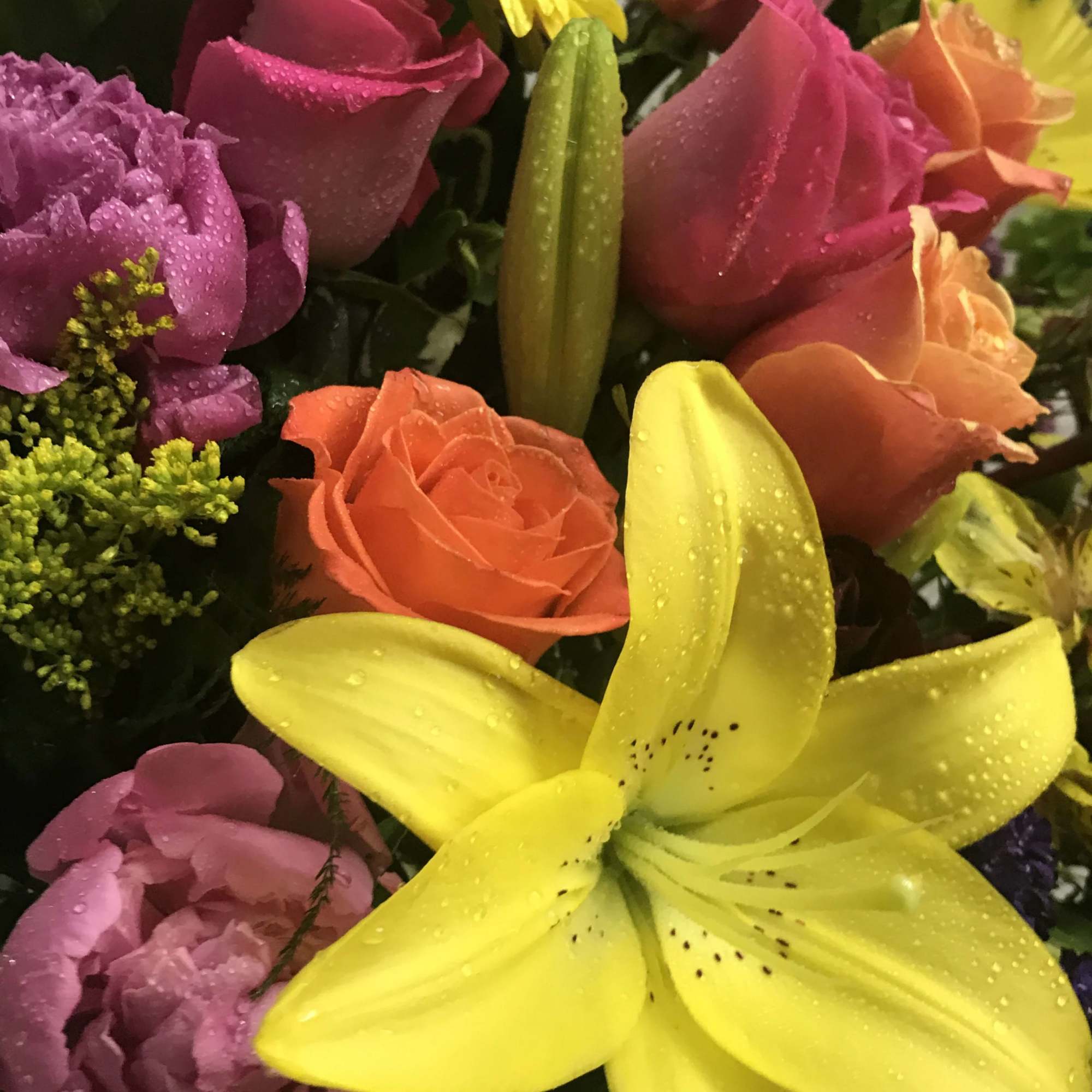 Colorful bouquet with roses, lilies, and purple blooms