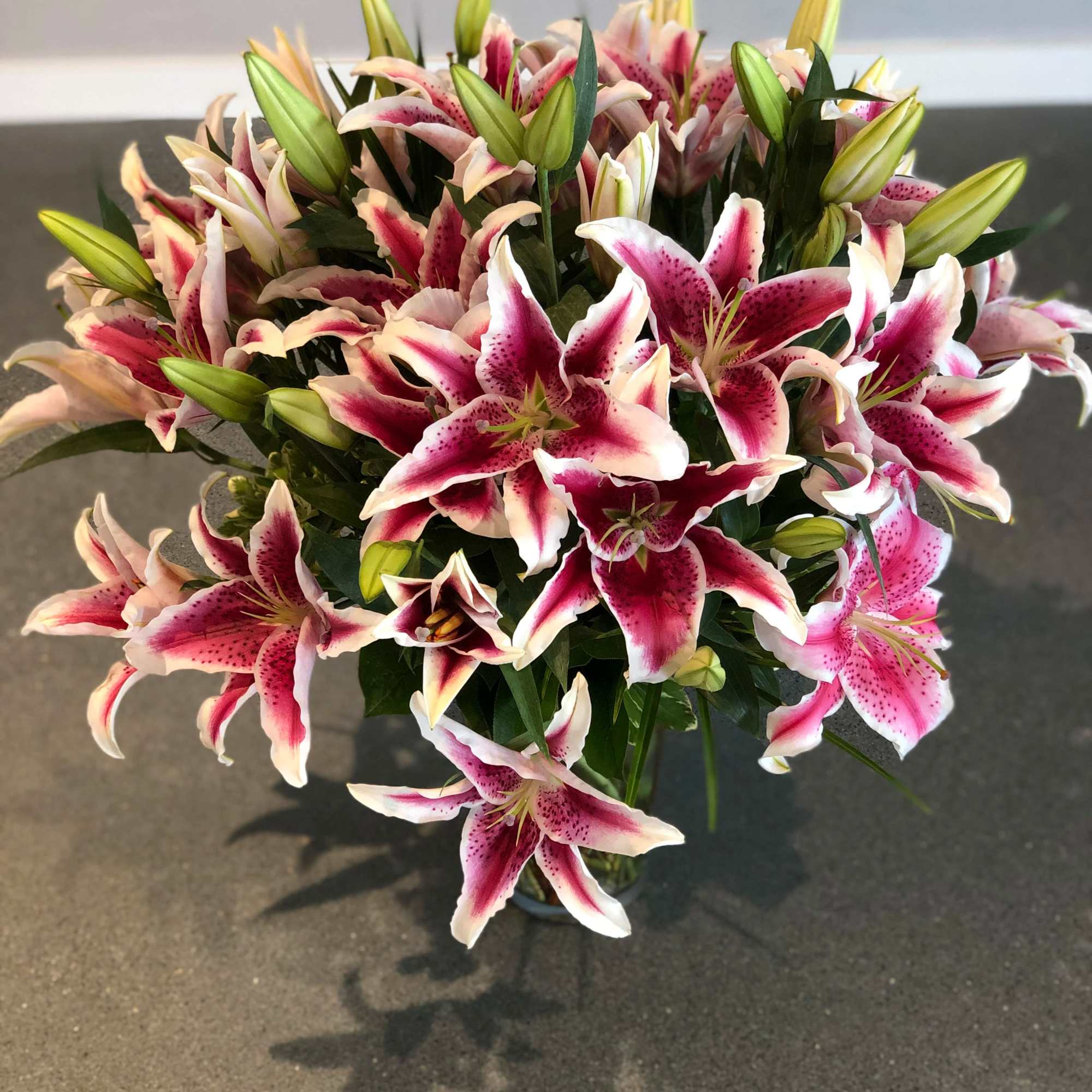 Bouquet of pink and white stargazer lilies with unopened buds