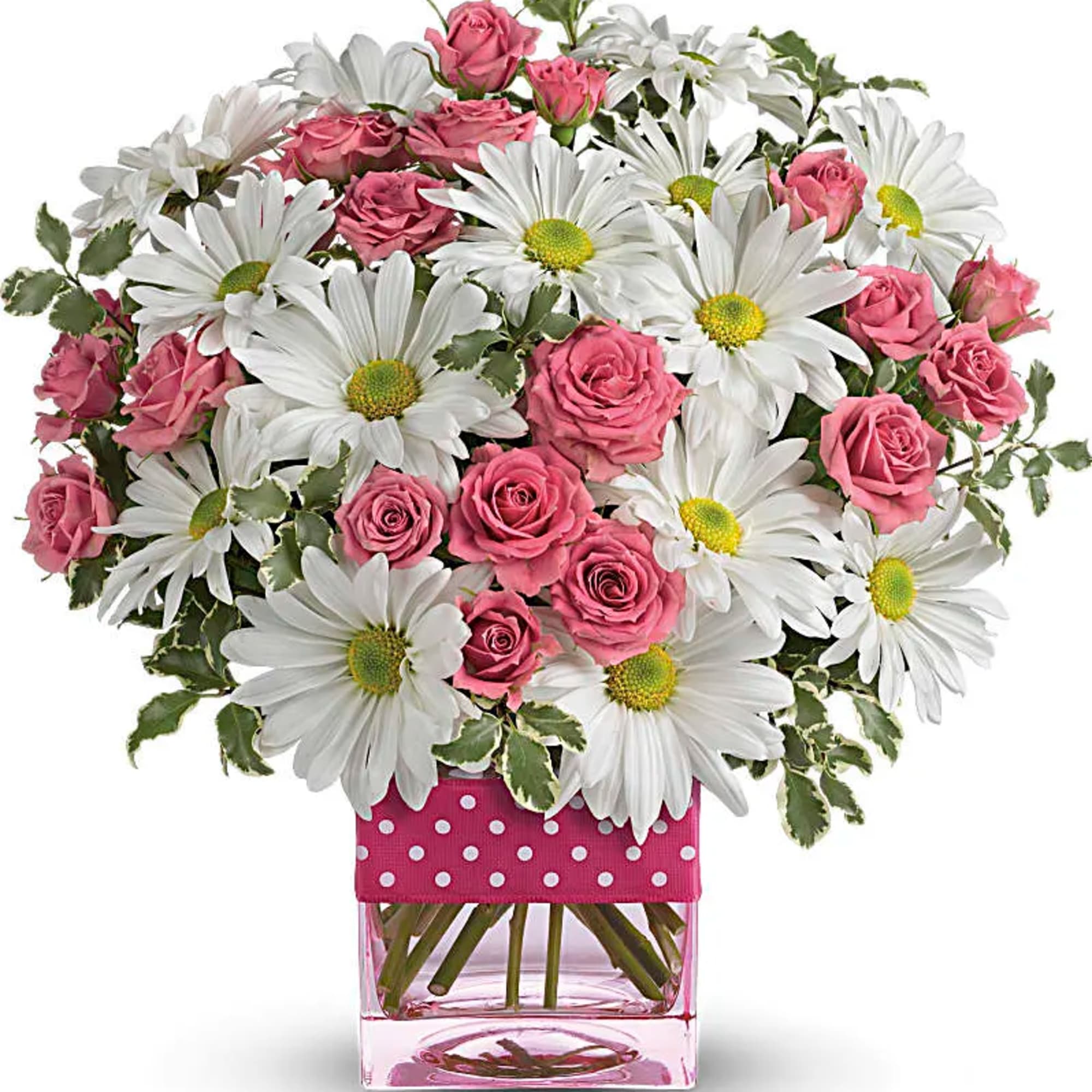 Pink roses and white daisies in a pink glass vase with white polka dots