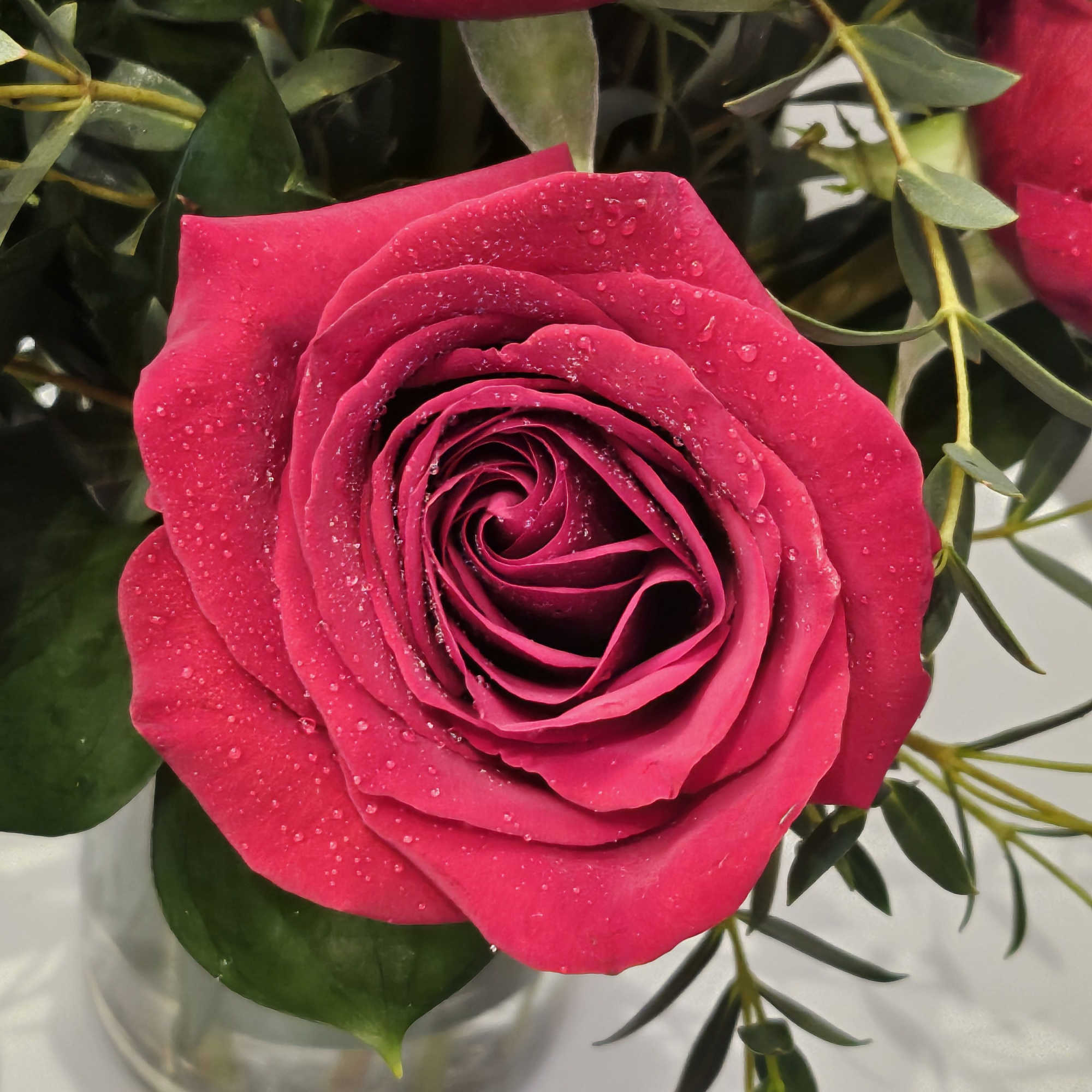 Close-up of a pink rose bouquet in a clear glass vase