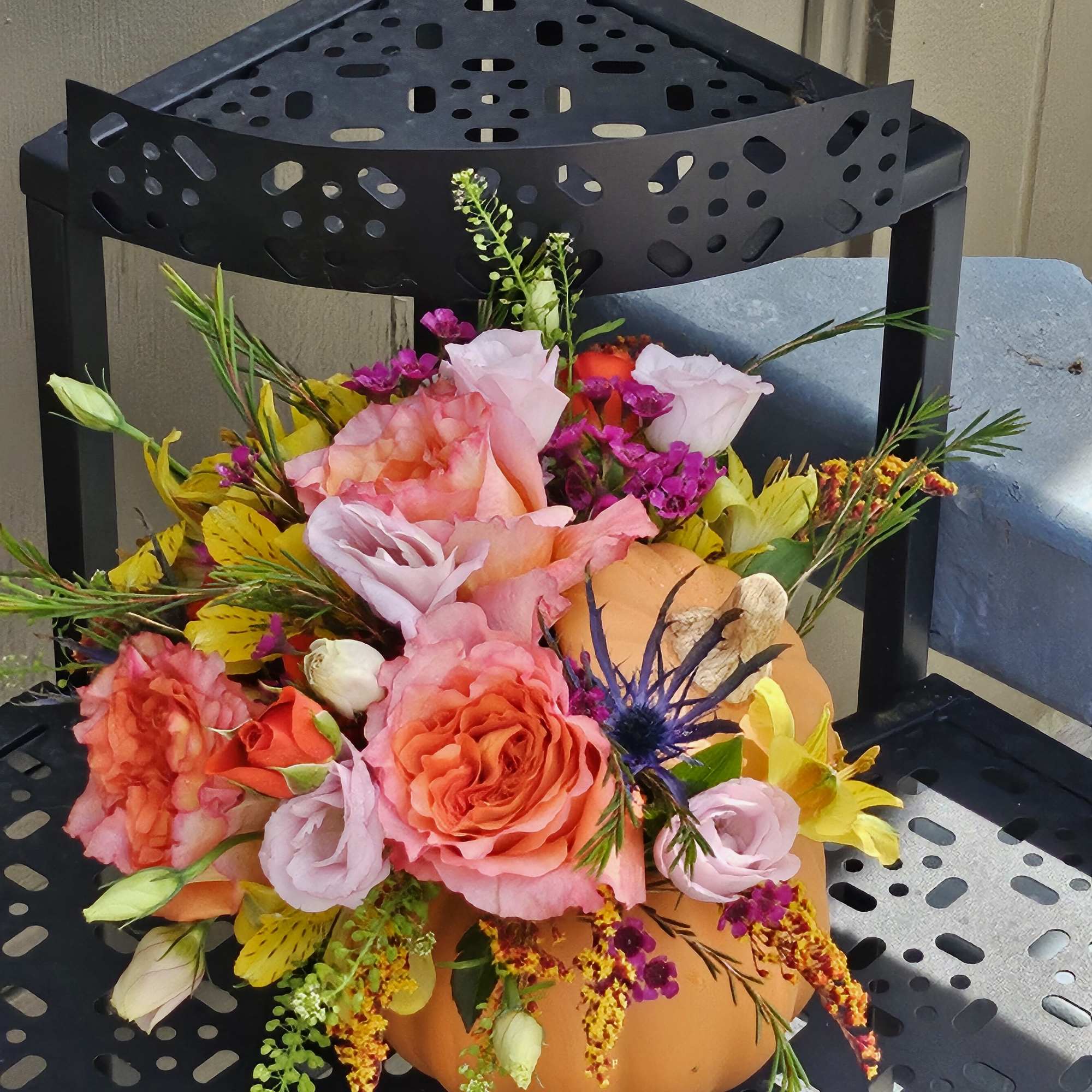 pumpkin arrangement, fall blooms  