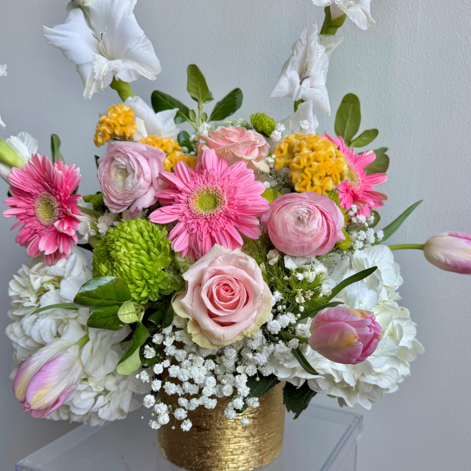 Pink and white mixed flower arrangement in a gold vase, photo 2 of 2