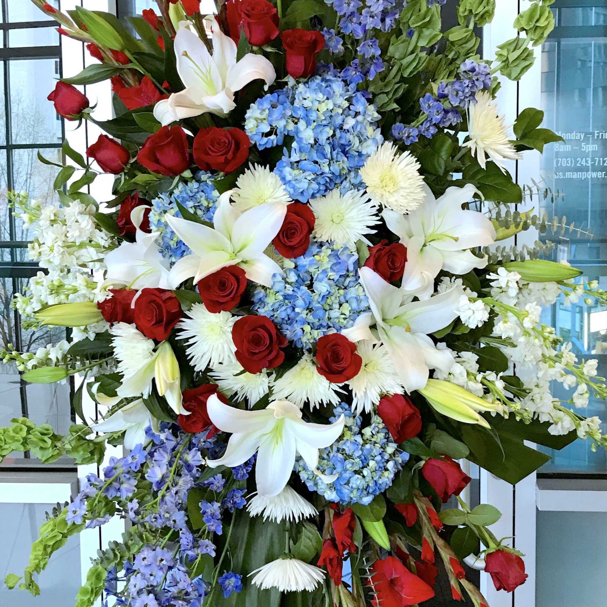 MAGNIFICENT LIFE STANDING SPRAY IN RED WHITE AND BLUE by Twin Towers, photo 2 of 3