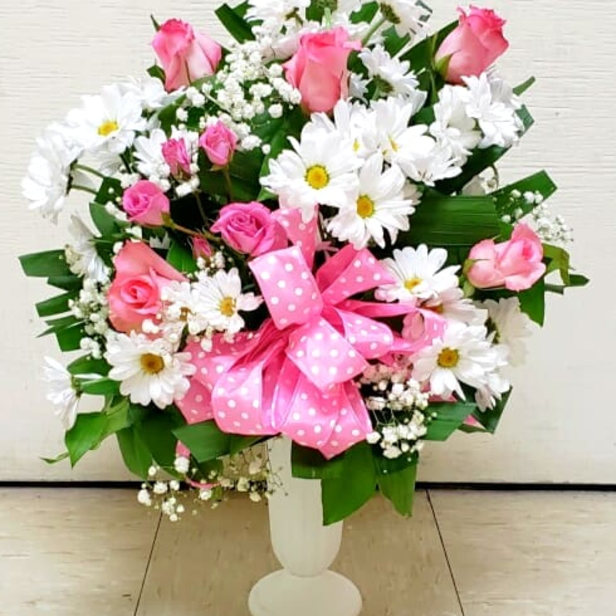  POLKA DOTS AND POSIES IN CEMETERY APPROVED CONTAINER BY TWIN TOWERS