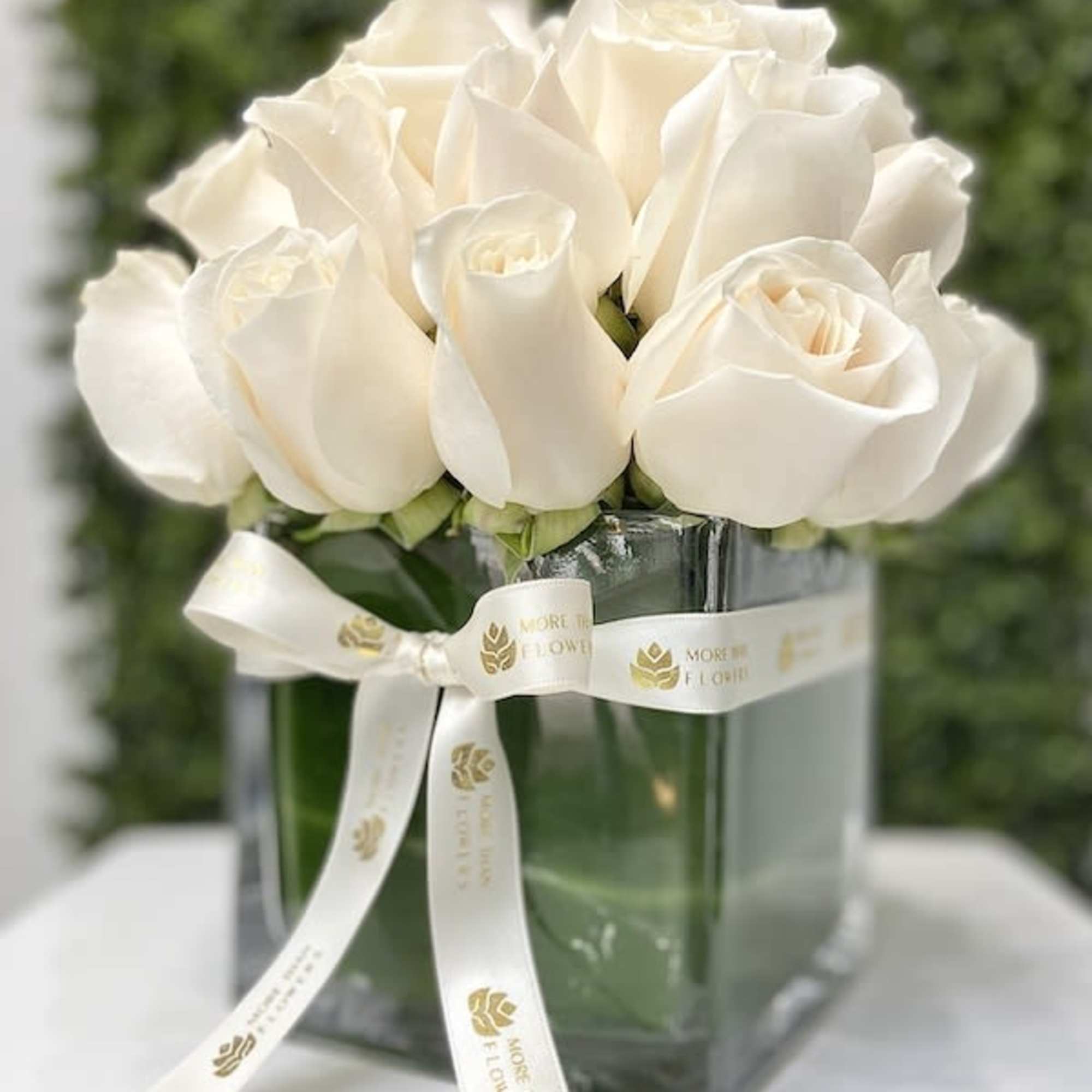Compact arrangement of white roses in a clear square glass vase with a white printed ribbon bow.