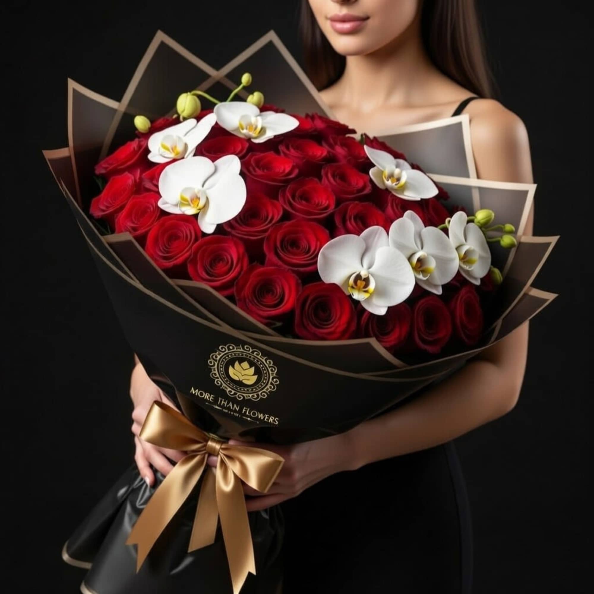 Large bouquet of red roses with white orchids wrapped in black paper with a gold bow