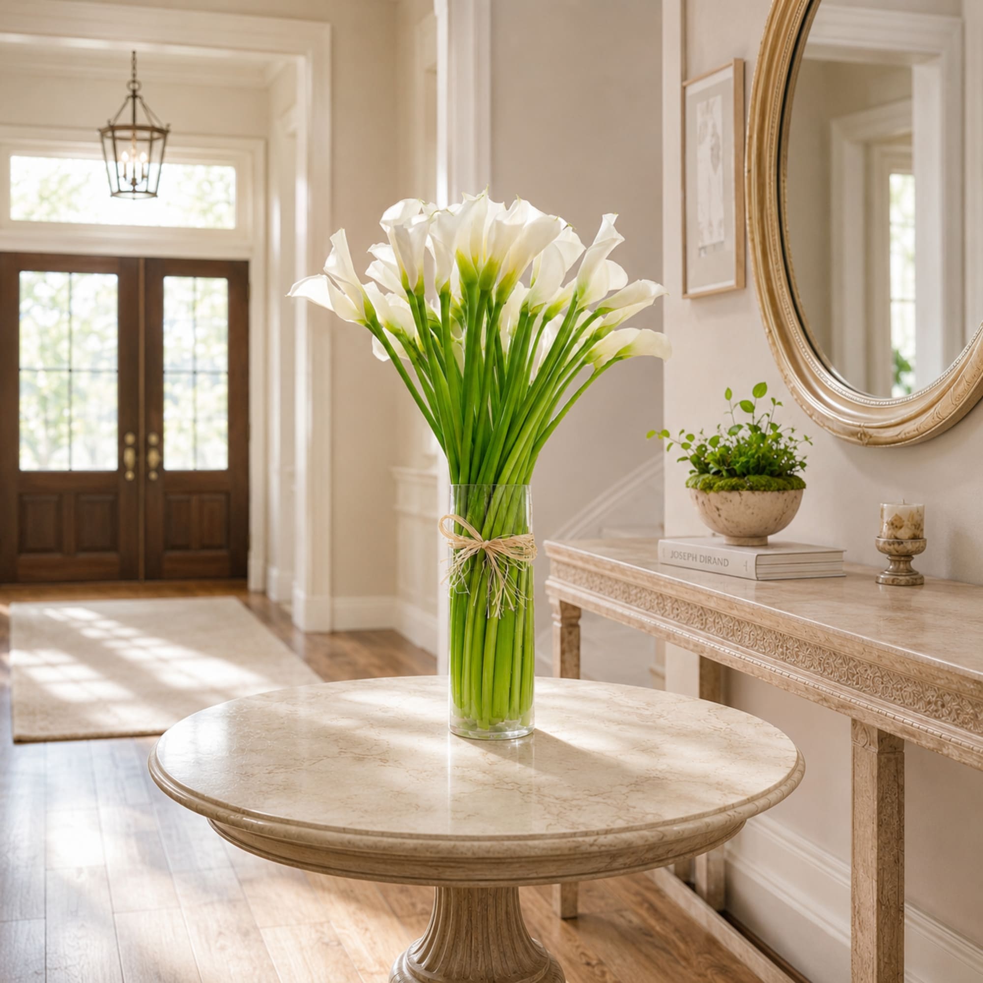 Tall vase of white calla lilies tied with twine