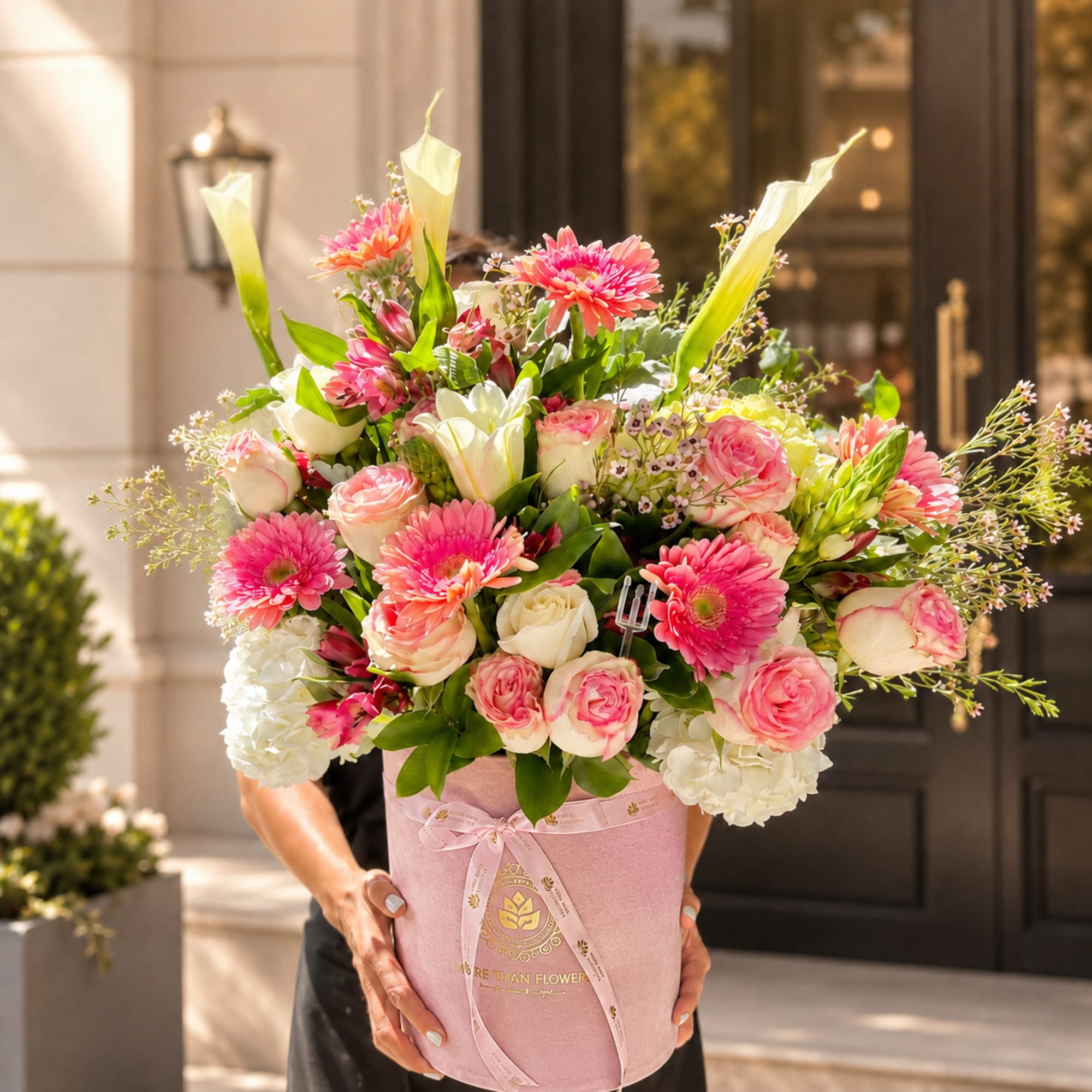 Pink and white mixed bouquet in a pink hatbox with ribbon