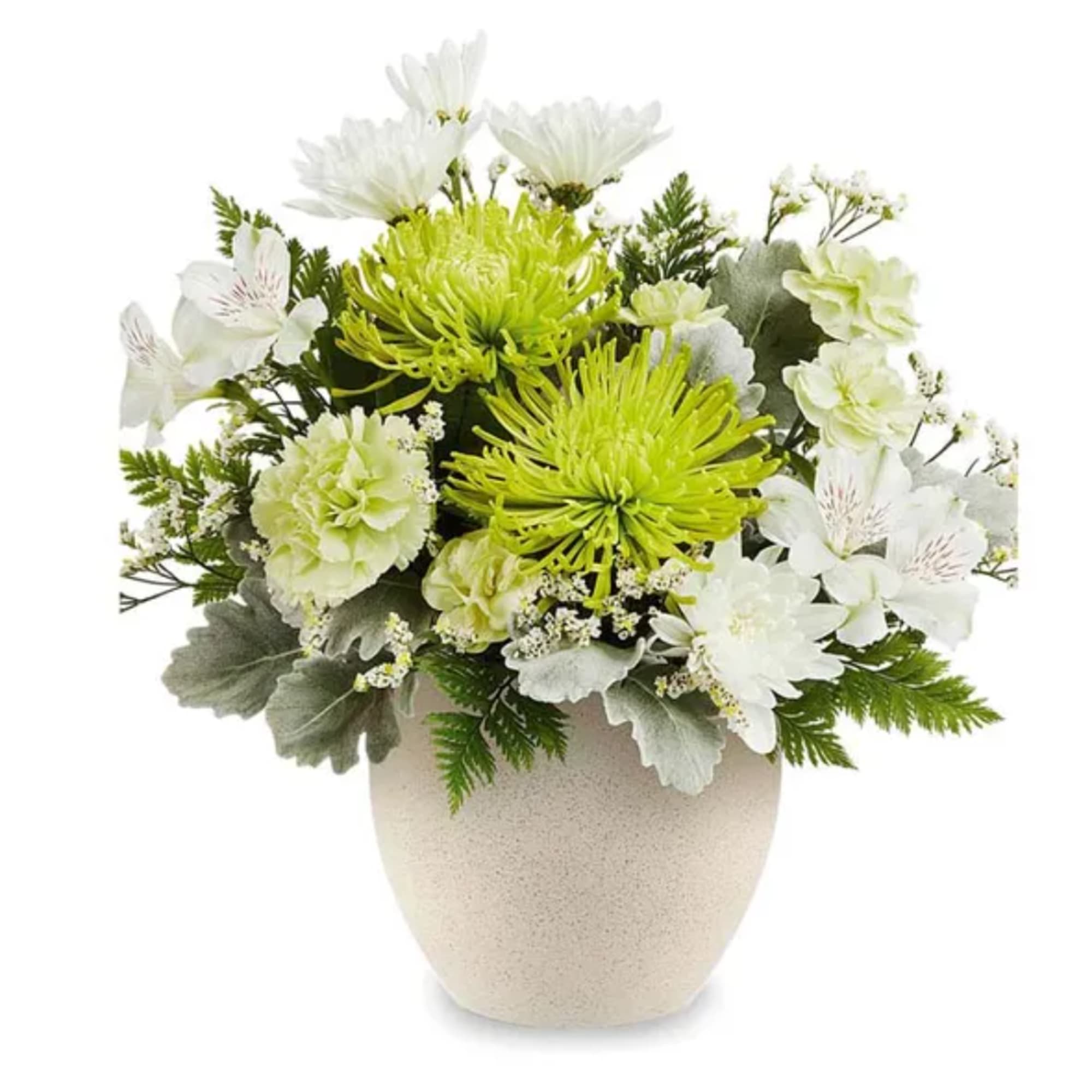 White and lime-green floral arrangement in a beige vase