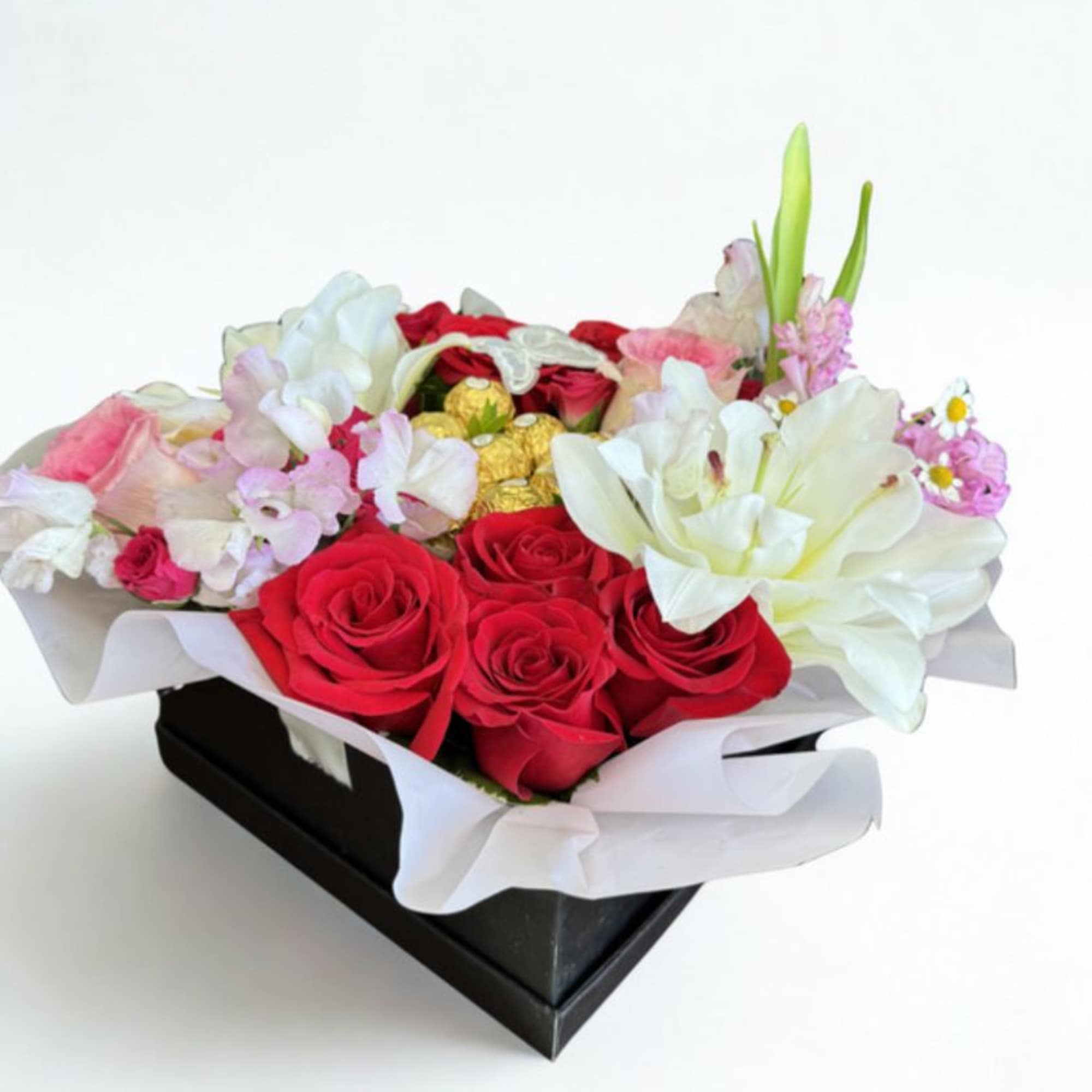 A romantic floral box featuring red roses, blush blooms, elegant white lilies, photo 2 of 2