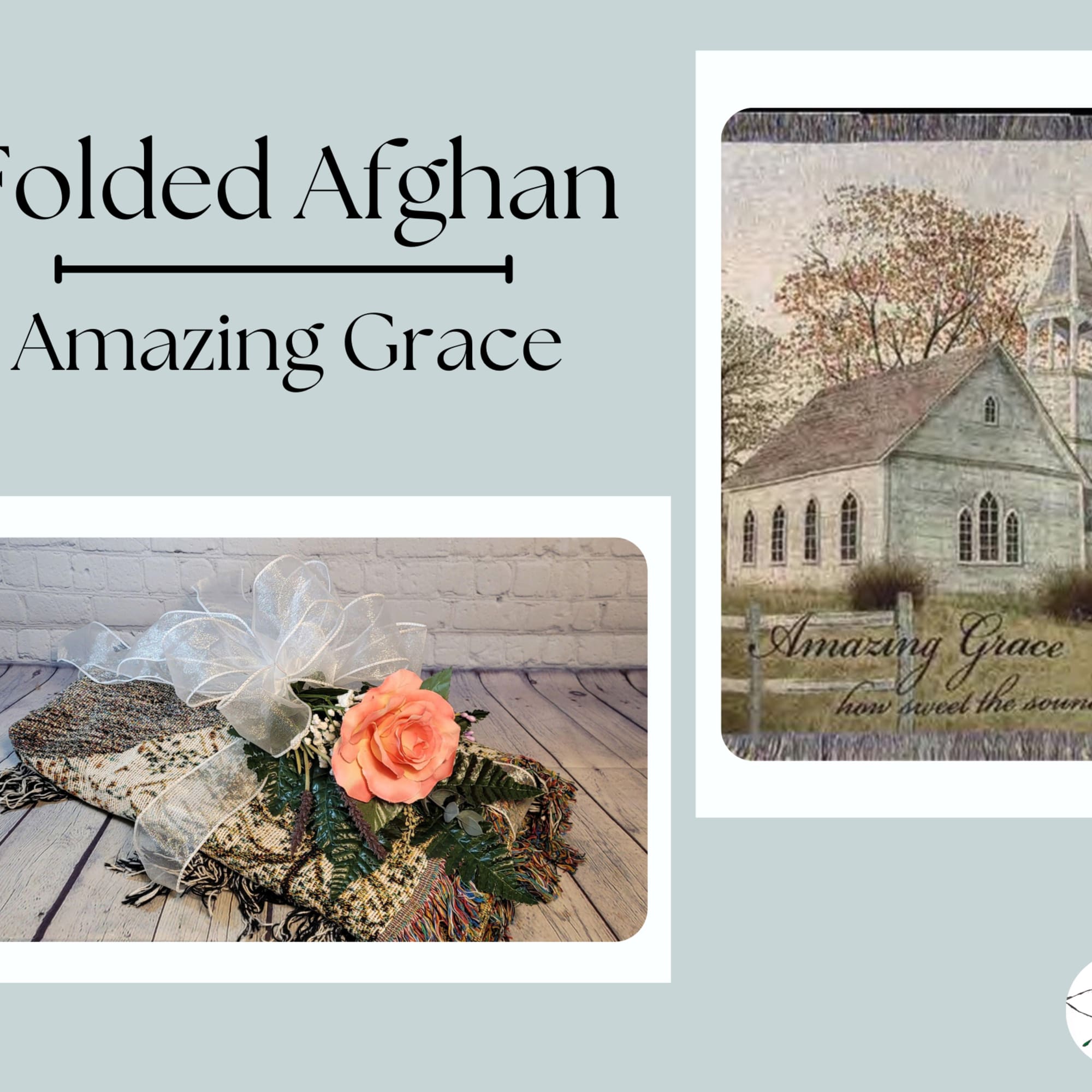 Folded Afghan with a peach rose and ribbon, plus a matching church-themed blanket