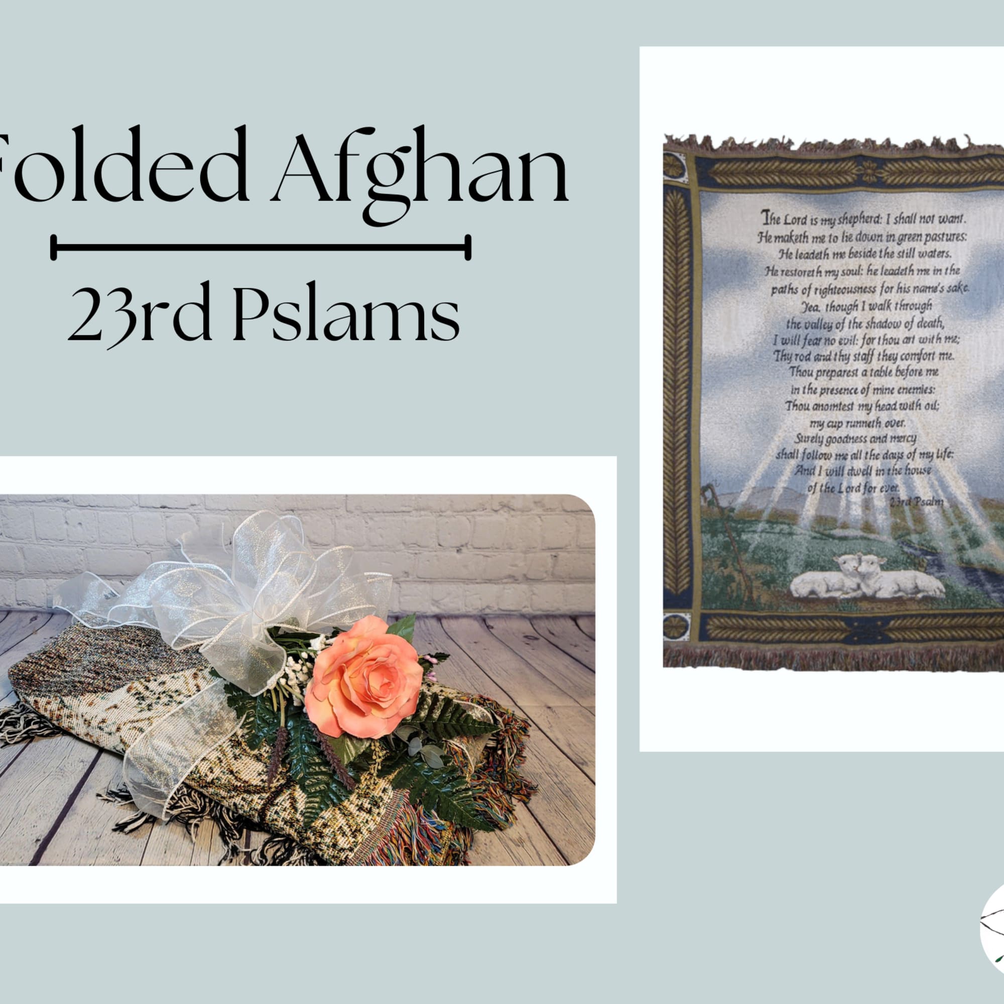 Folded Afghan with a peach rose and sheer ribbon beside a Psalm 23 tapestry