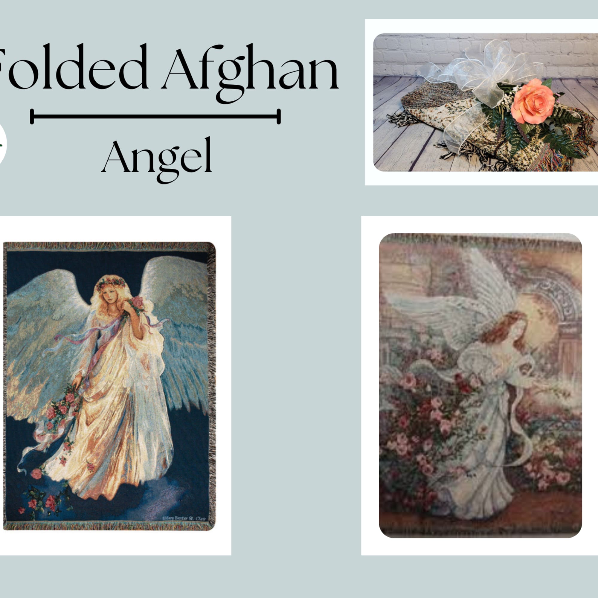 Folded Afghan with angel illustrations and a peach rose accent