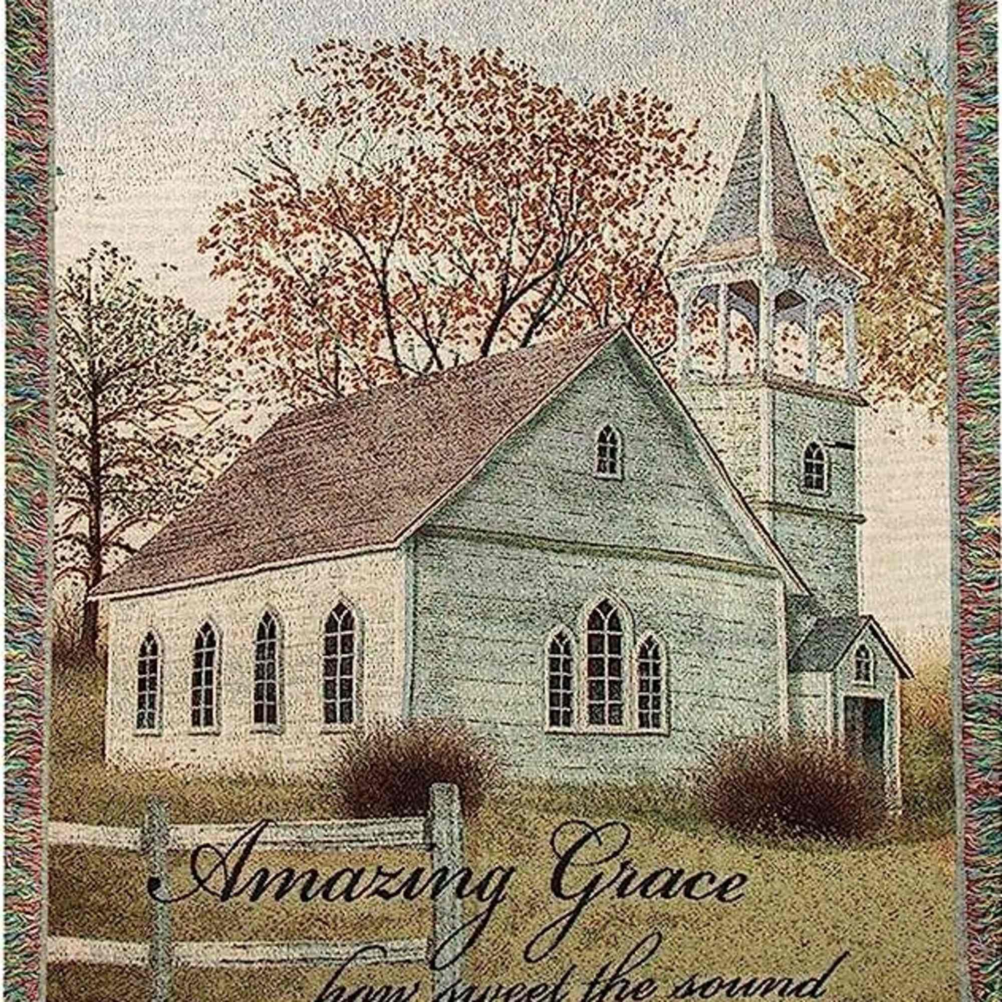 Decorative throw blanket with a church scene and the words "Amazing Grace"