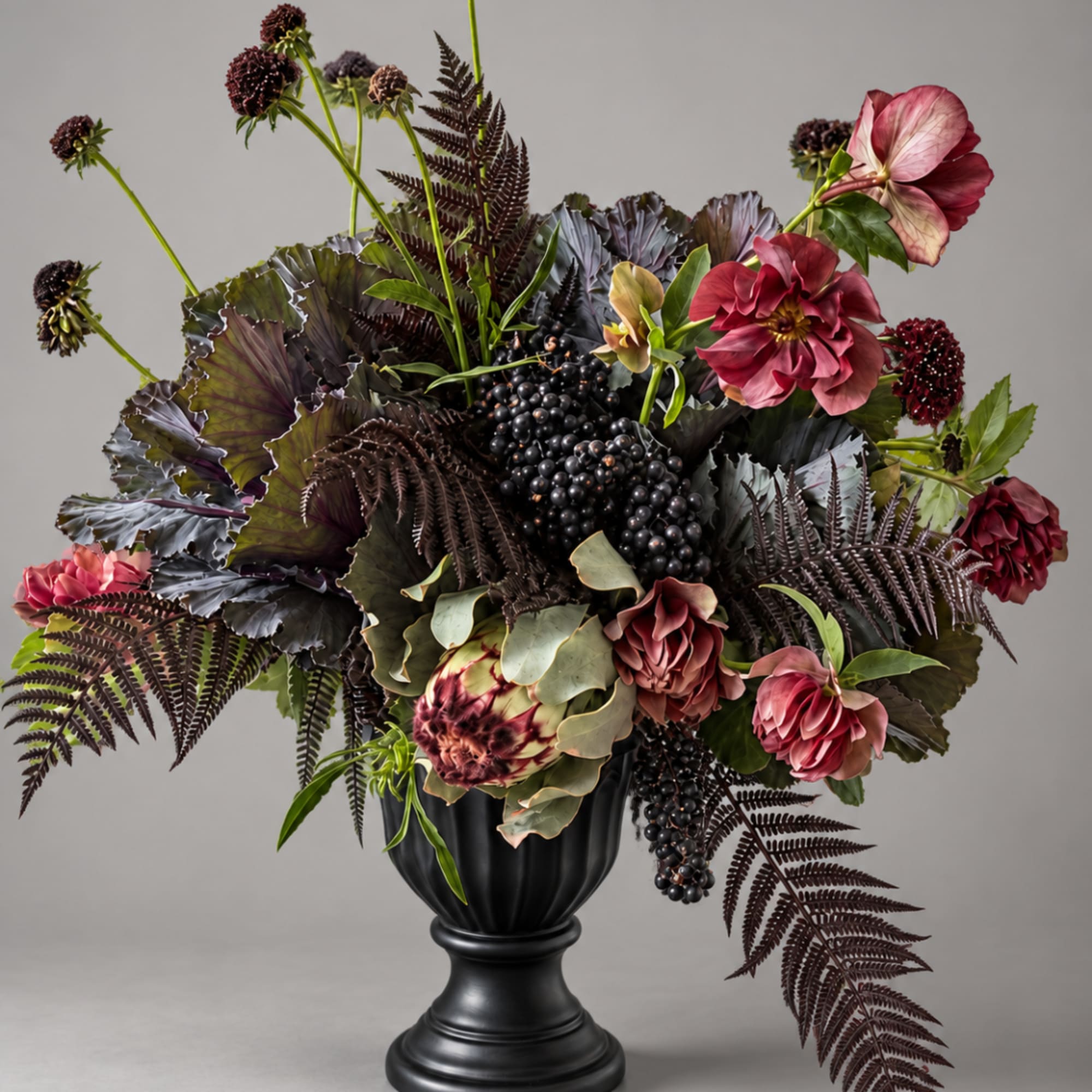 Dark floral arrangement in a black pedestal vase with burgundy blooms and berries
