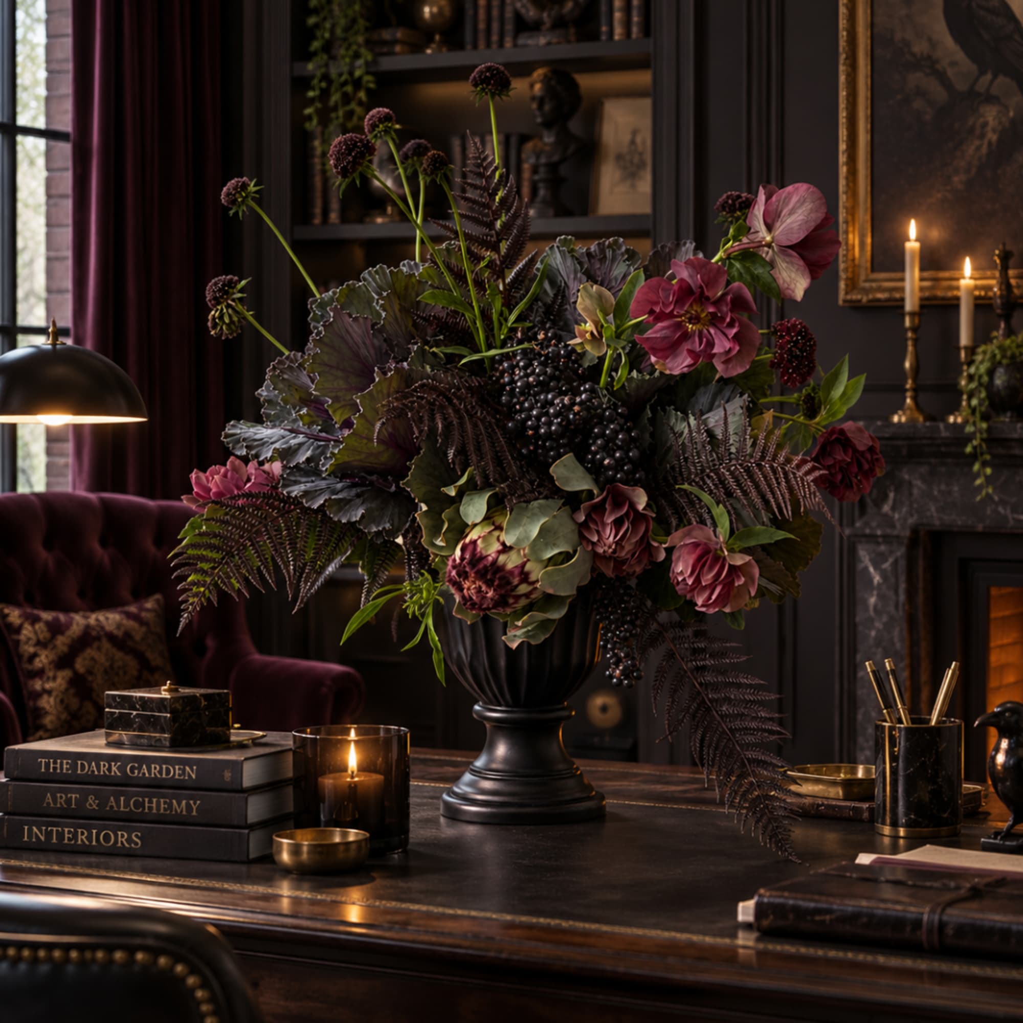 Dark floral arrangement in a black vase with burgundy blooms and berries