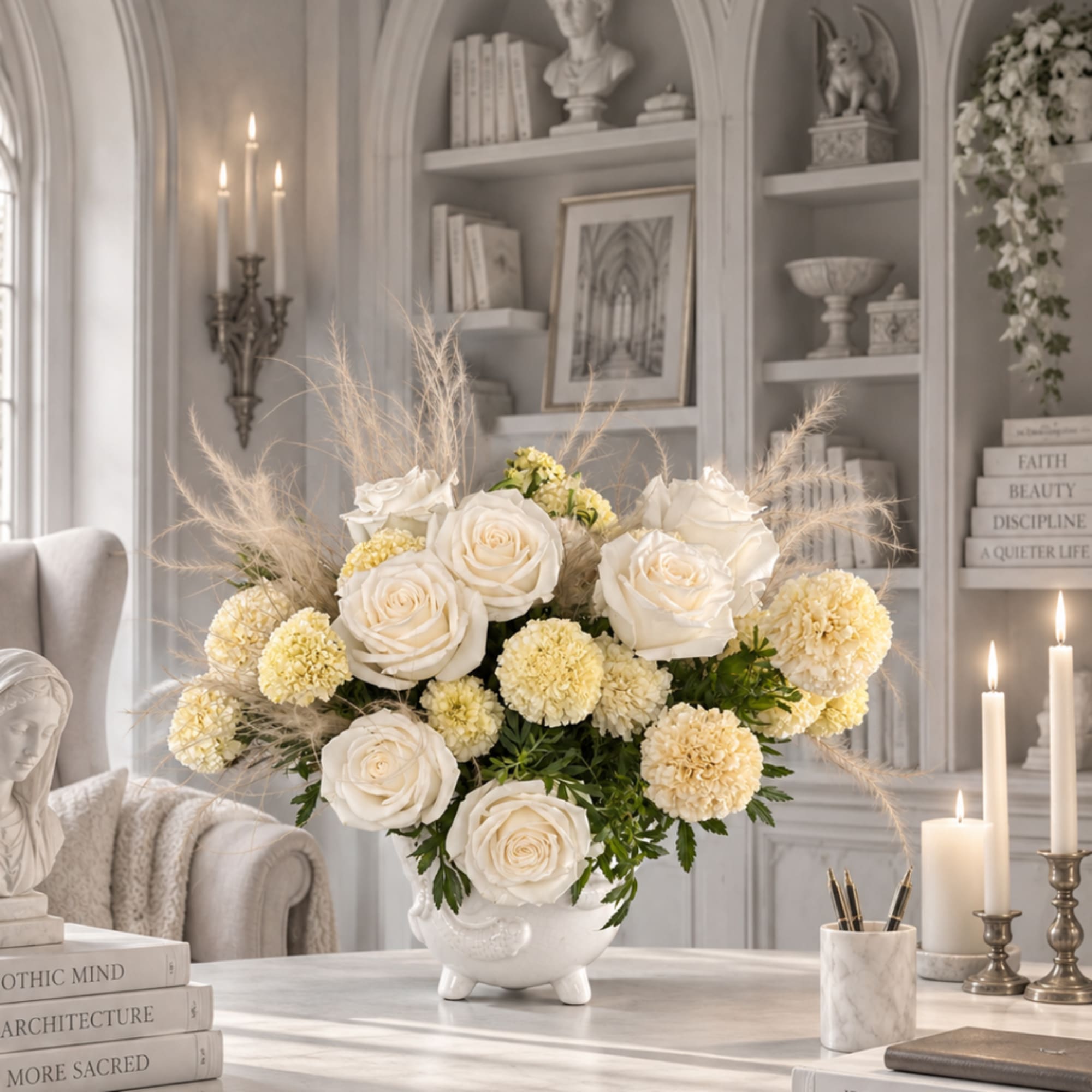 White roses and pale yellow pom flowers in a white vase