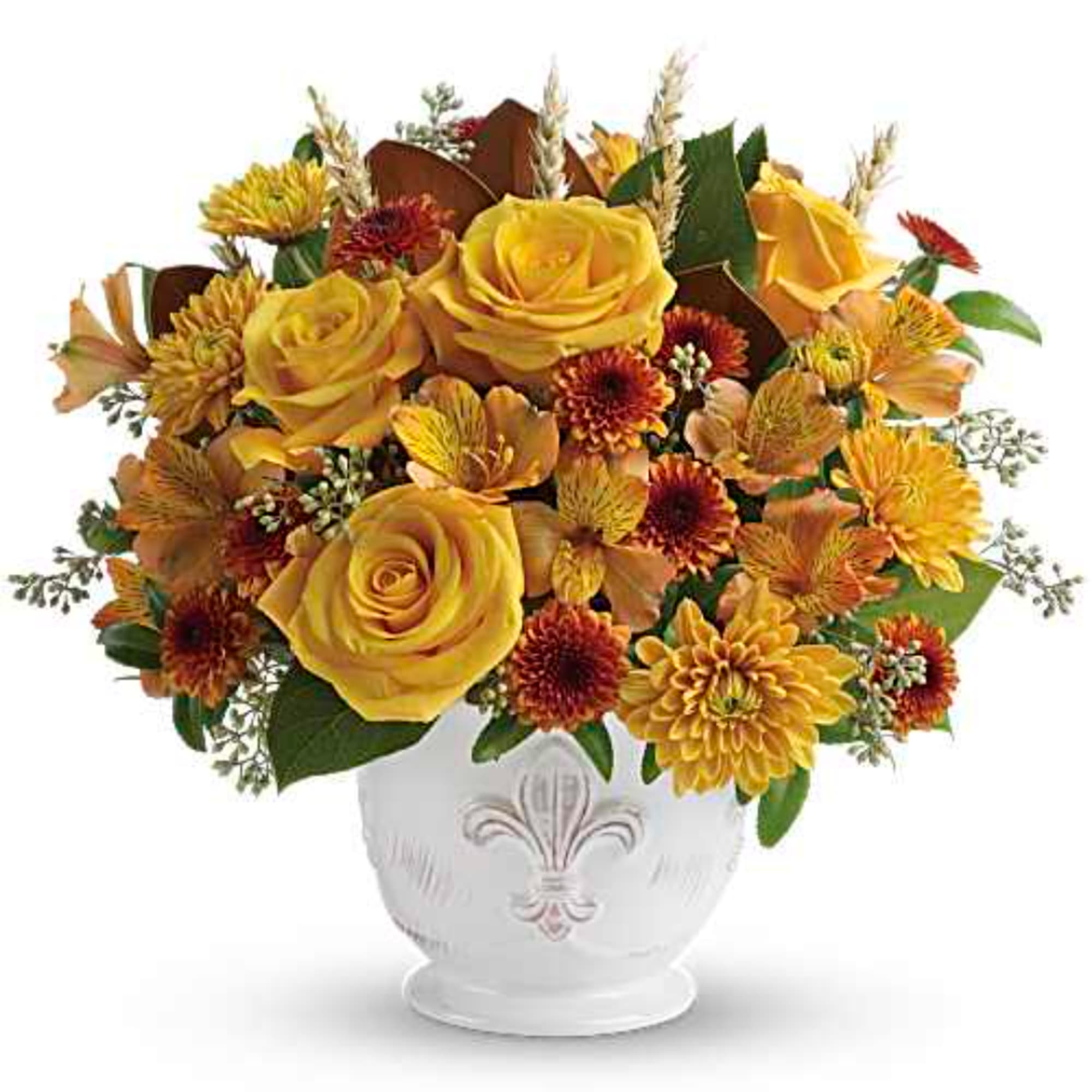 Yellow roses and orange chrysanthemums in a white ceramic vase